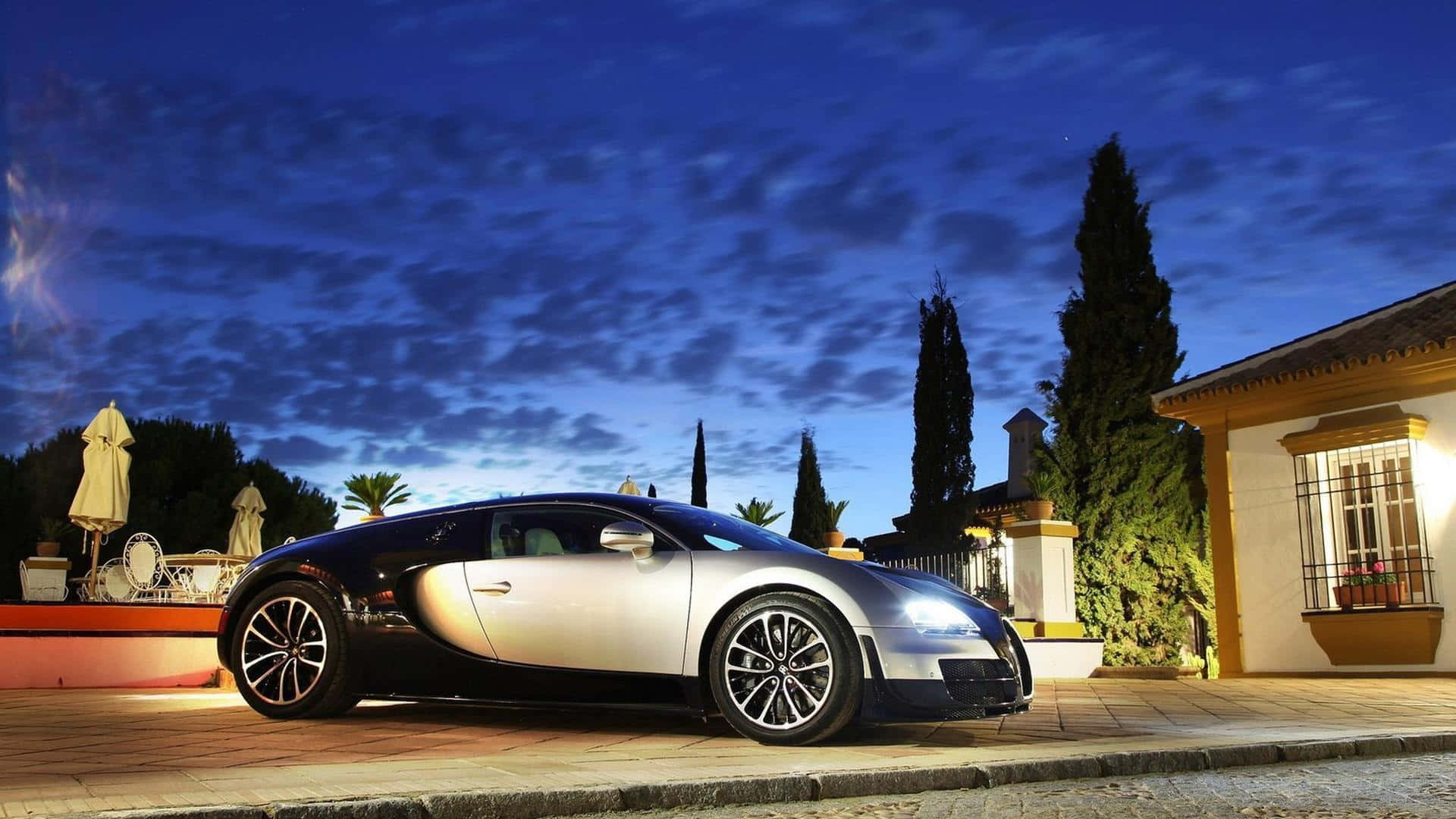 Bugatti Veyron, Mediterranean-style villa, cypress trees, Full HD Desktop Wallpaper
