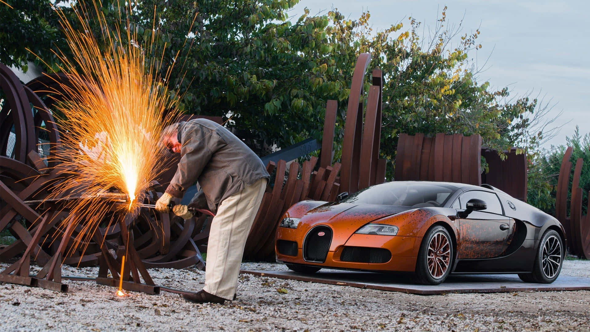 Bugatti Veyron, custom orange, gravel, Full HD Desktop Wallpaper