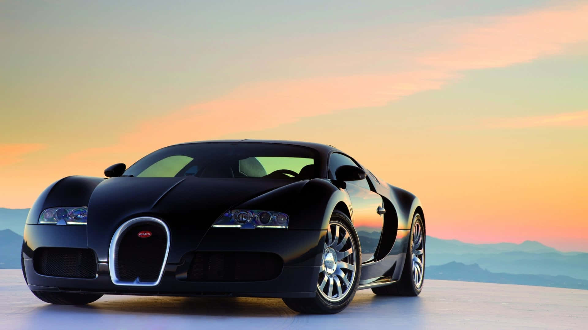 Bugatti Veyron, sleek black, vibrant sunset sky, Full HD Desktop Wallpaper