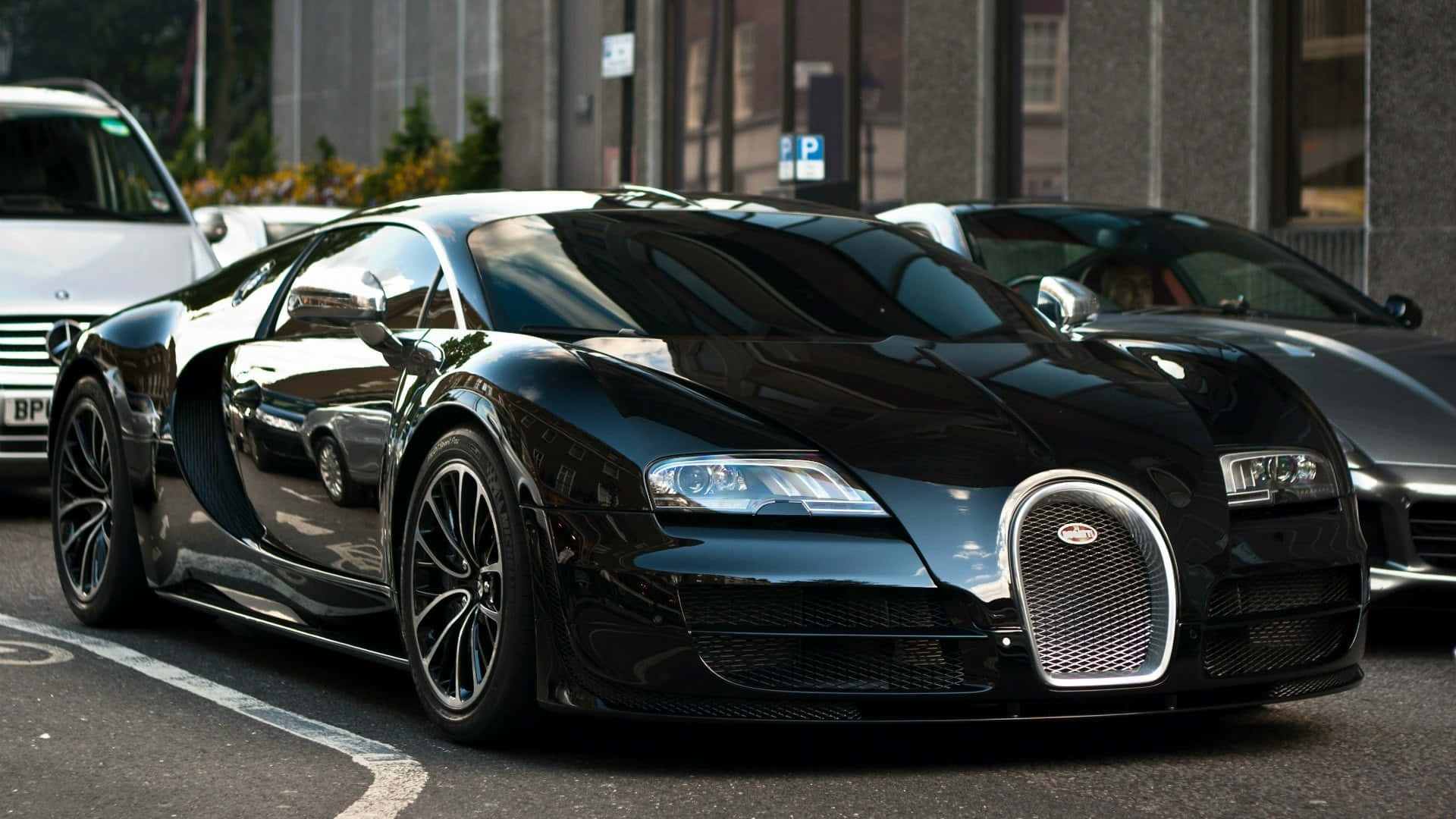 Bugatti Veyron, black, city street, Full HD Desktop Wallpaper