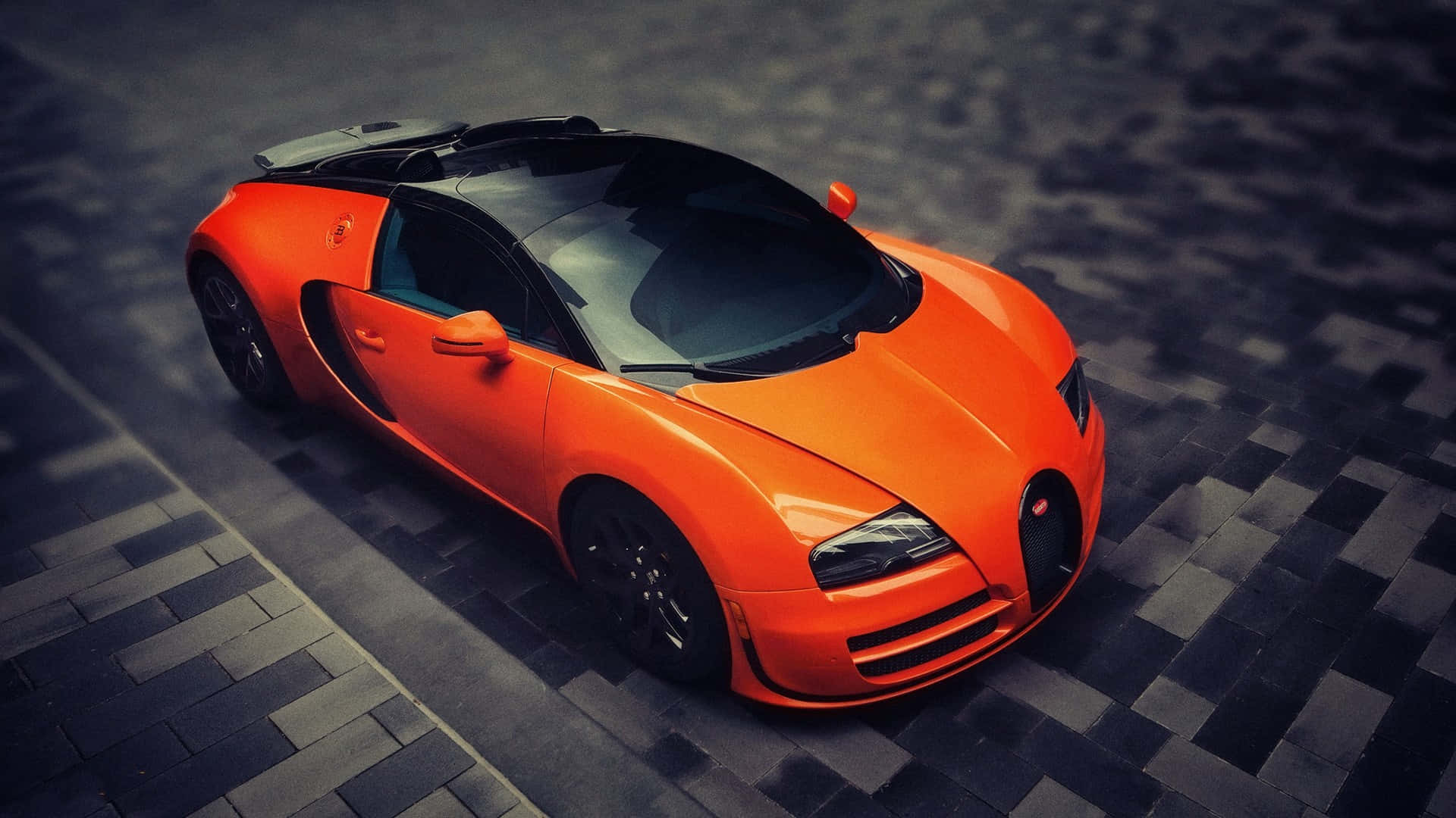 Bugatti Veyron, vibrant orange, dark checkered pavement, Full HD Desktop Wallpaper