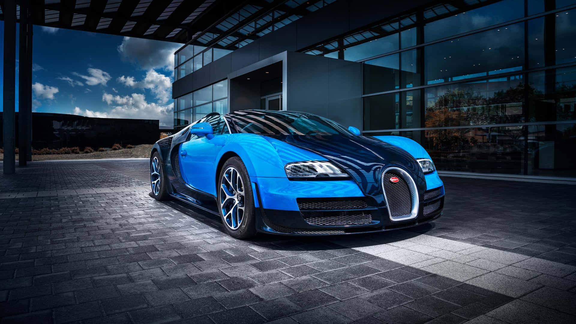 Bugatti Veyron, blue, paved courtyard, Full HD Desktop Wallpaper