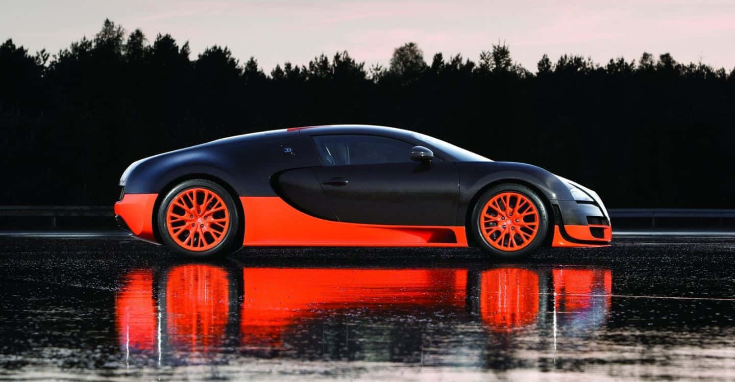 Bugatti Veyron, sleek black and orange, wet pavement, HD Desktop Wallpaper