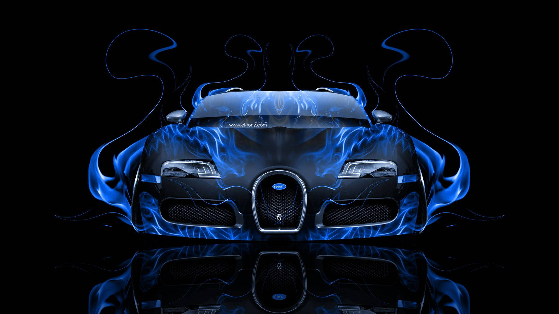 Bugatti, black, electric blue flames, Full HD Desktop Wallpaper