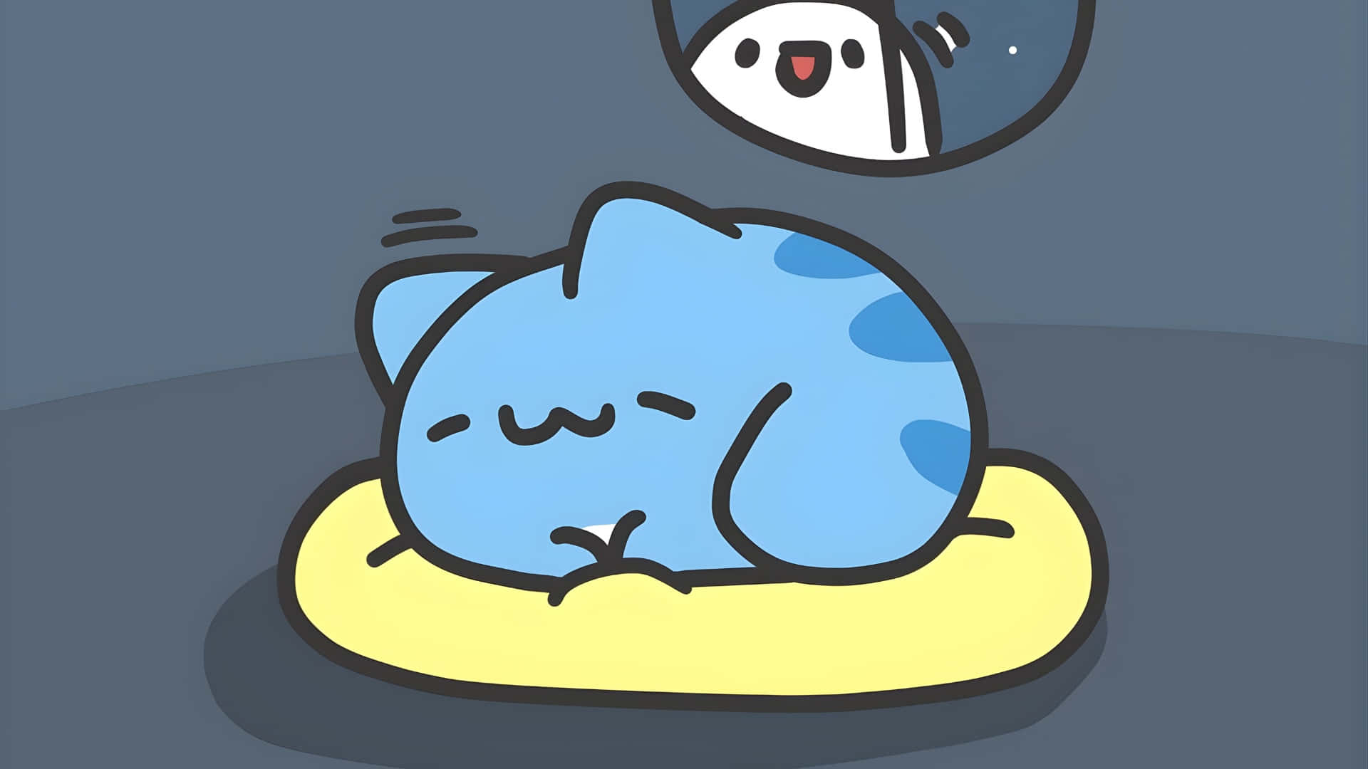 Bugcat Capoo, blue spotted cartoon cat, yellow cushion, Full HD Desktop Wallpaper