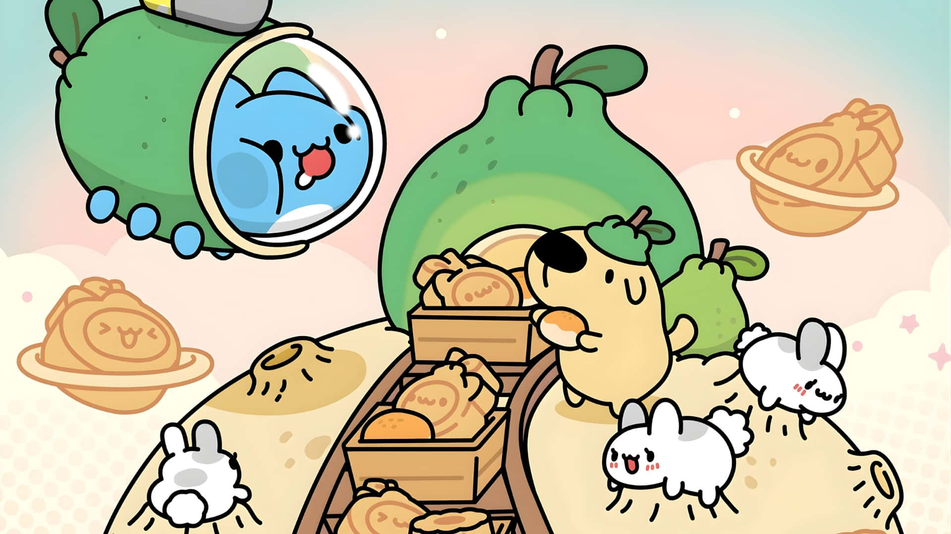 Bugcat Capoo, blue cat, green spaceship, Full HD Desktop Wallpaper