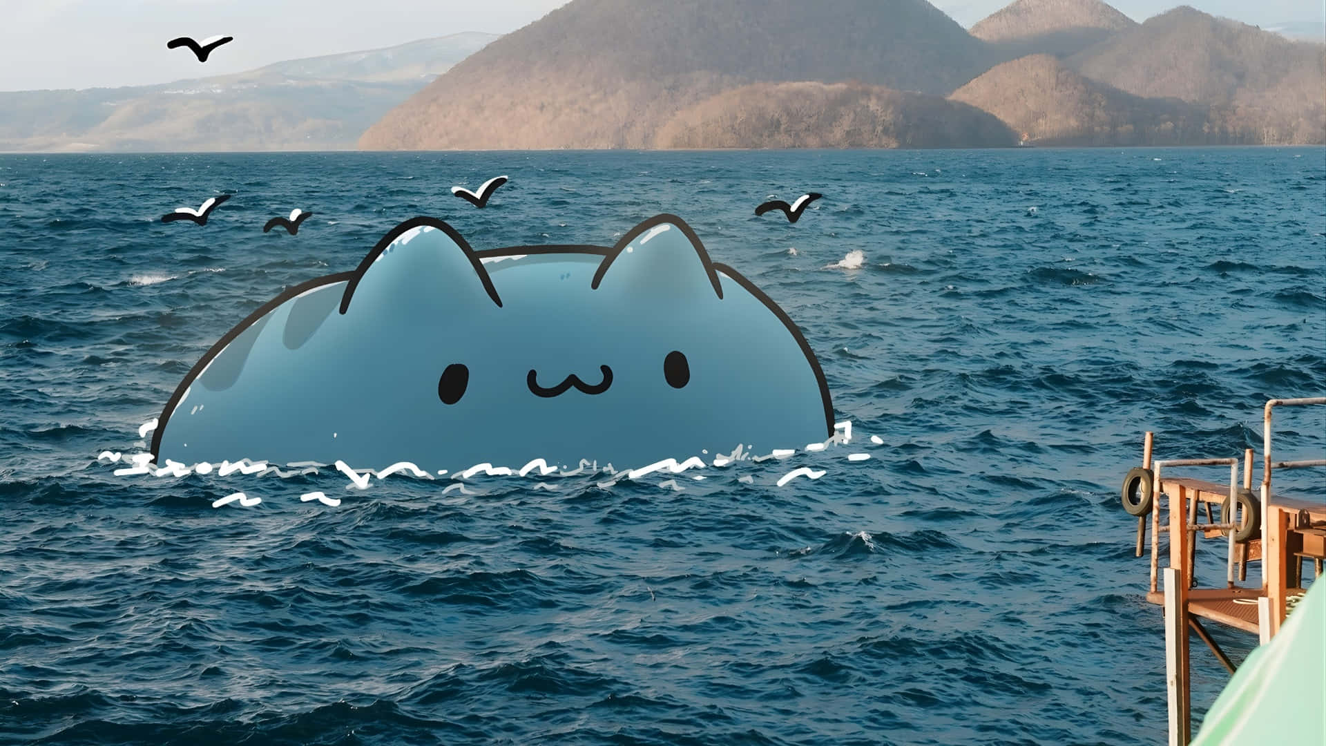 Bugcat Capoo, ocean adventure, cartoon blue cat, Full HD Desktop Wallpaper