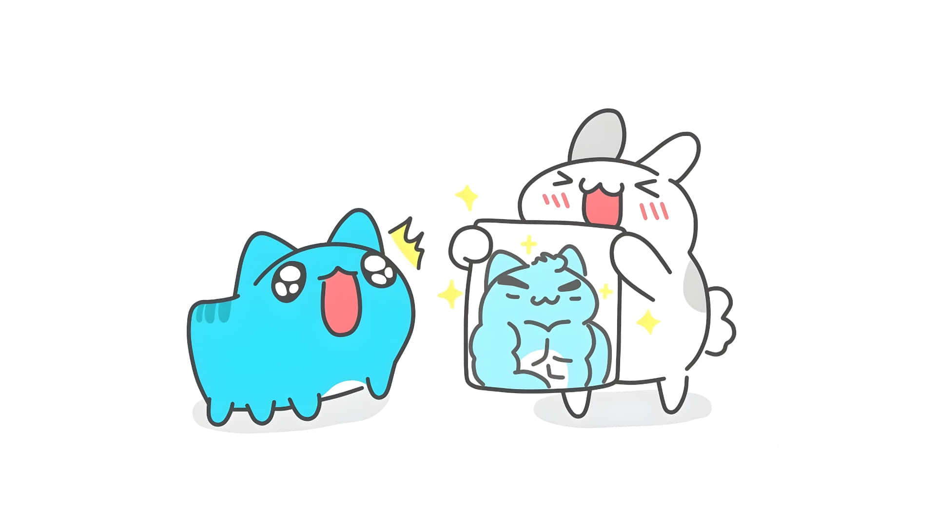 Bugcat Capoo, blue cartoon cat, white rabbit, Full HD Desktop Wallpaper