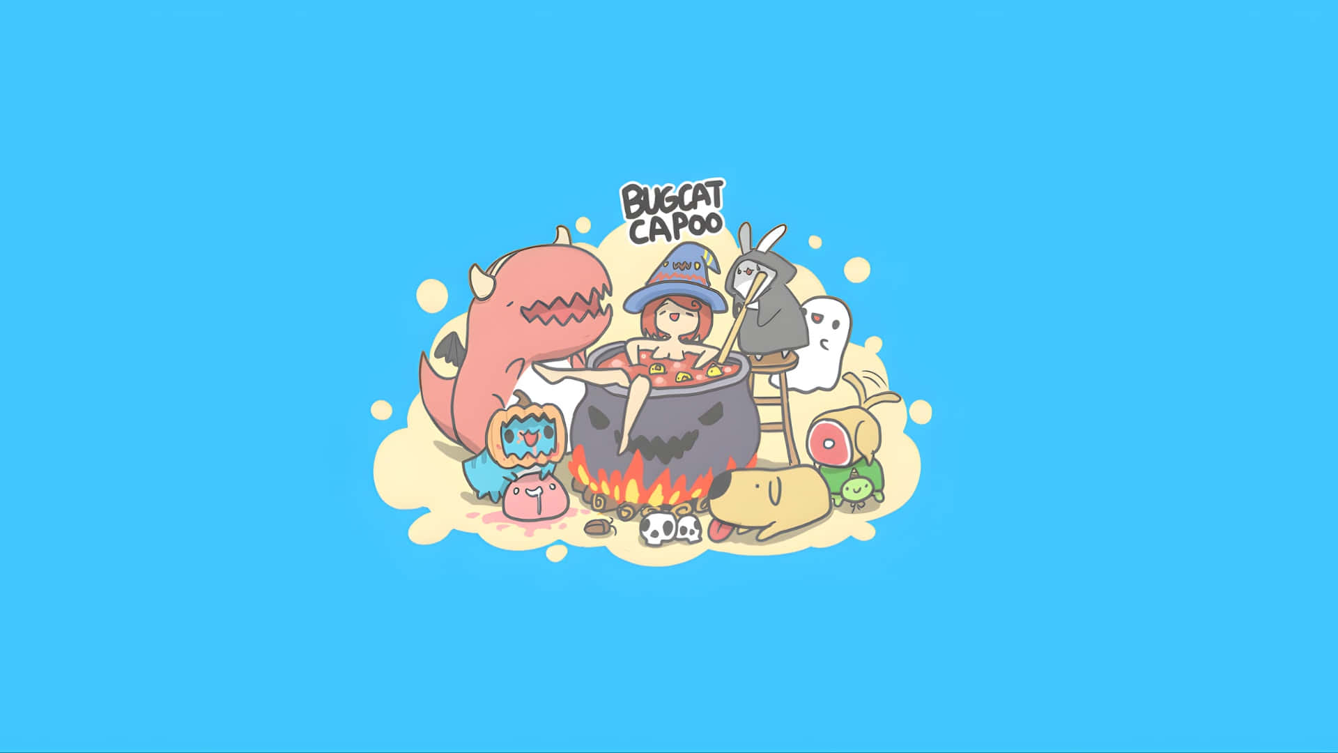 Bugcat Capoo, whimsical cartoon witch, cauldron, Full HD Desktop Wallpaper