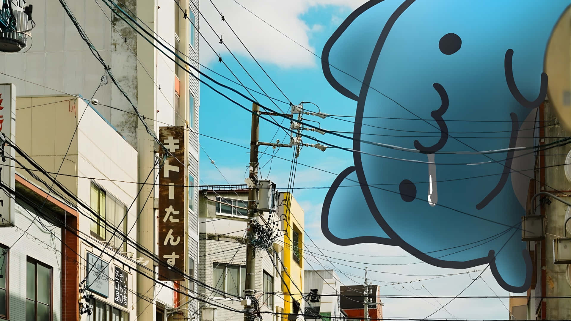 Bugcat Capoo, urban street art, blue cartoon dog, Full HD Desktop Wallpaper