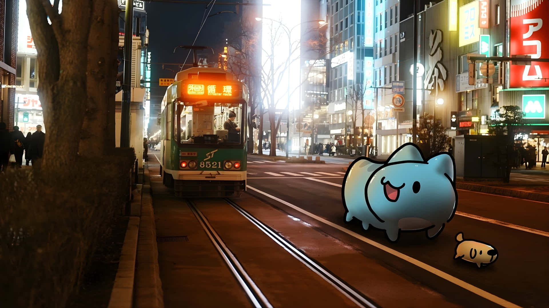 Bugcat Capoo, night, blue cartoon cat, Full HD Desktop Wallpaper
