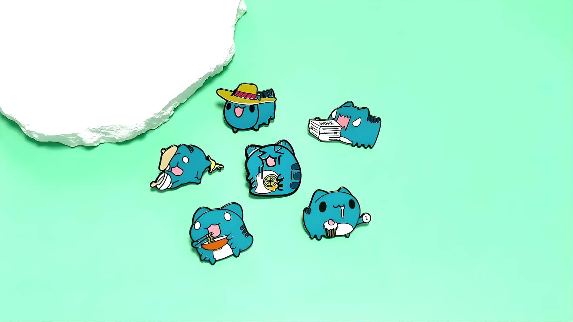 Bugcat Capoo, blue cartoon cat enamel pins, mint green background, Full HD Desktop Wallpaper