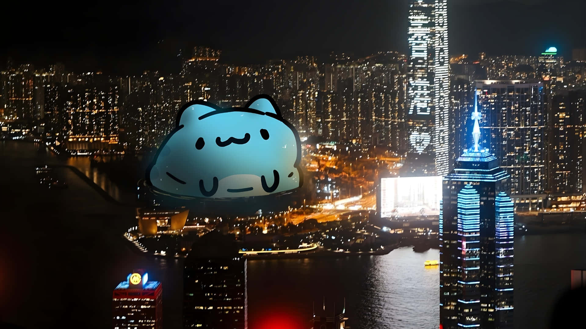 Bugcat Capoo, Night Cityscape, glowing blue, Full HD Desktop Wallpaper