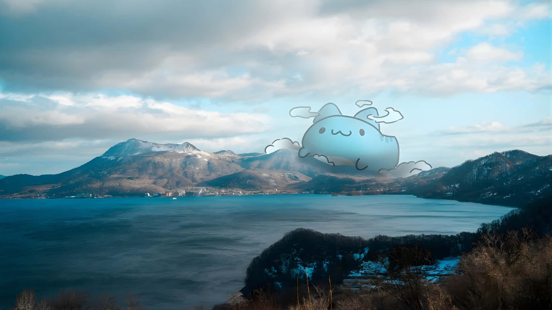 Bugcat Capoo, scenic lake, snow-dusted mountains, Full HD Desktop Wallpaper