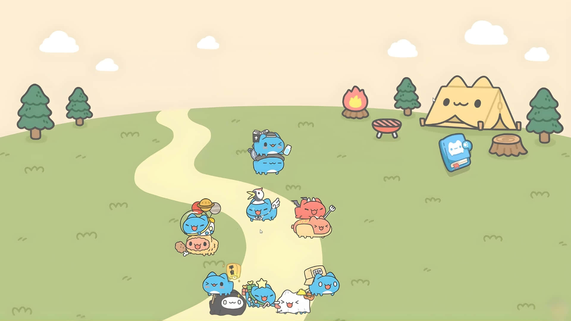 Bugcat Capoo, camping adventure, blue and pink creatures, Full HD Desktop Wallpaper