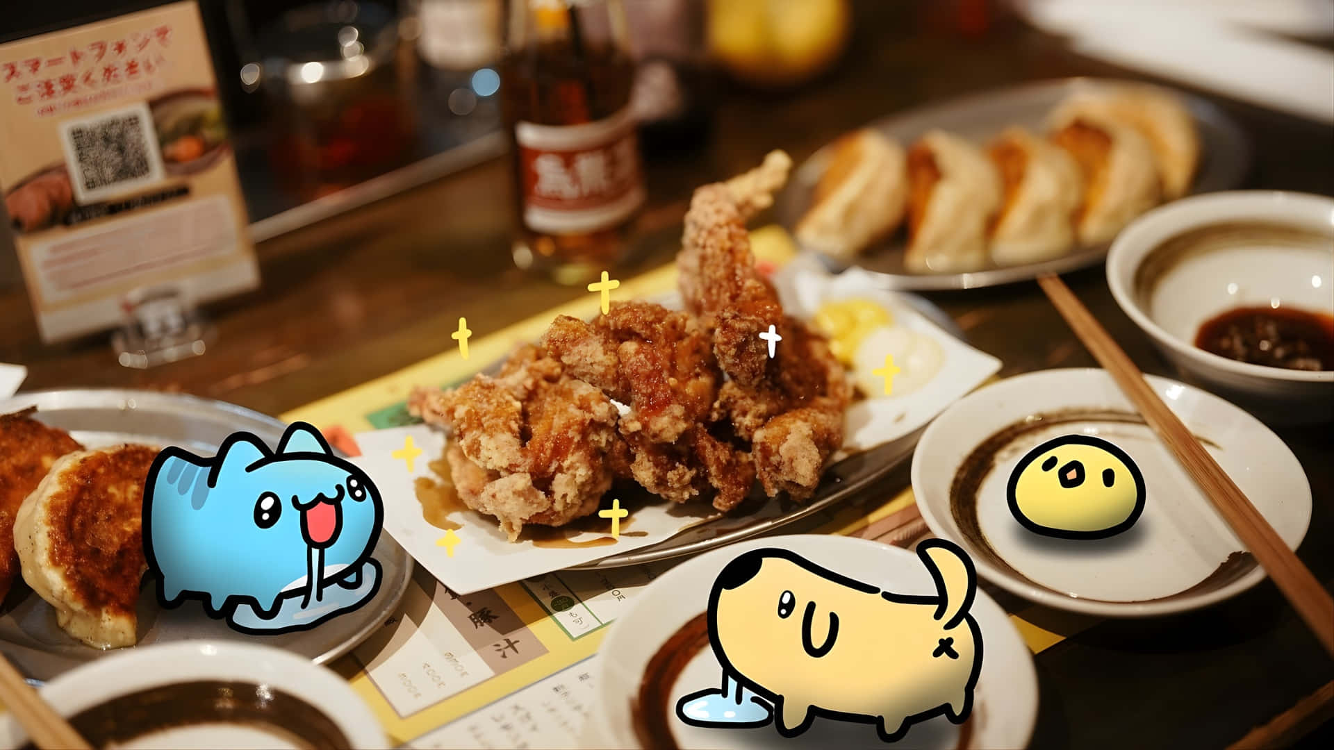 Bugcat Capoo, crispy fried chicken, dumplings, Full HD Desktop Wallpaper