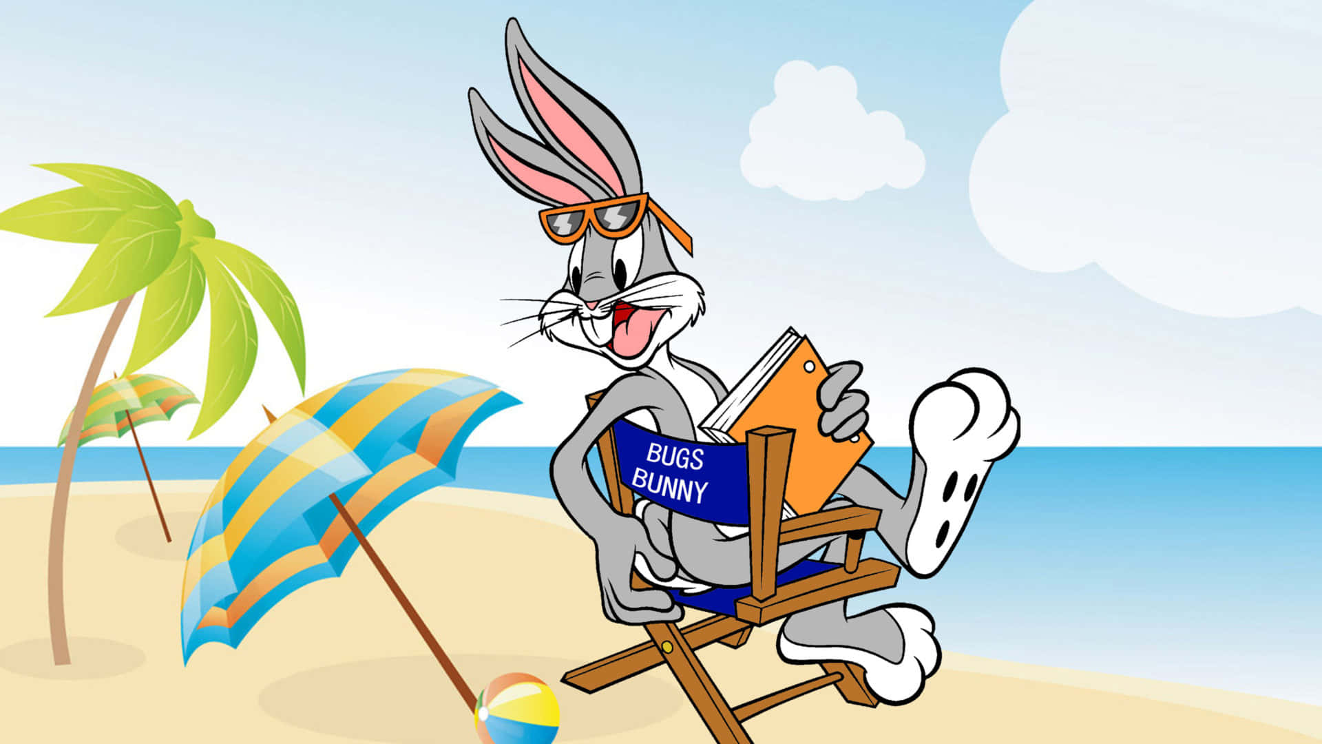 Bugs Bunny, beach chair, striped umbrella, Full HD Desktop Wallpaper