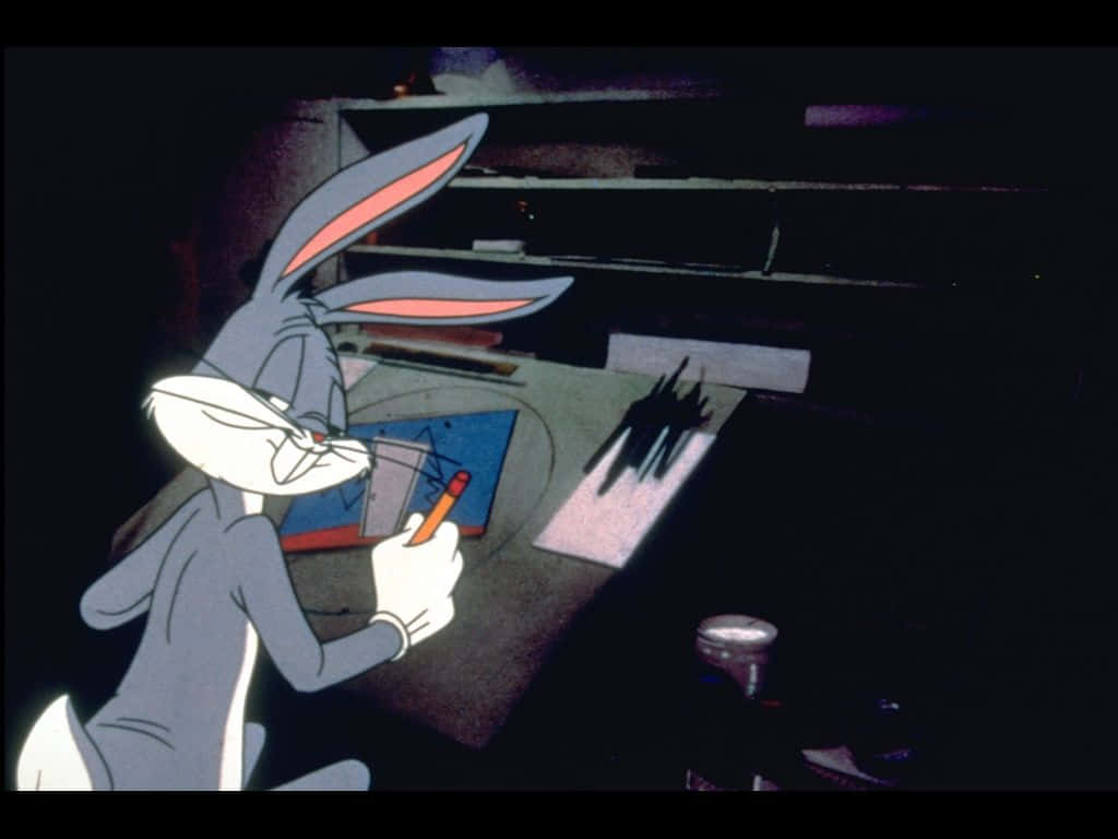 Bugs Bunny, blue drawing pad, dimly lit desk, SD Desktop Wallpaper