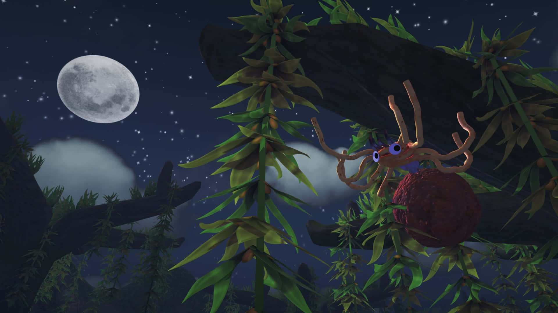 Bugsnax, night forest, purple eyes, Full HD Desktop Wallpaper