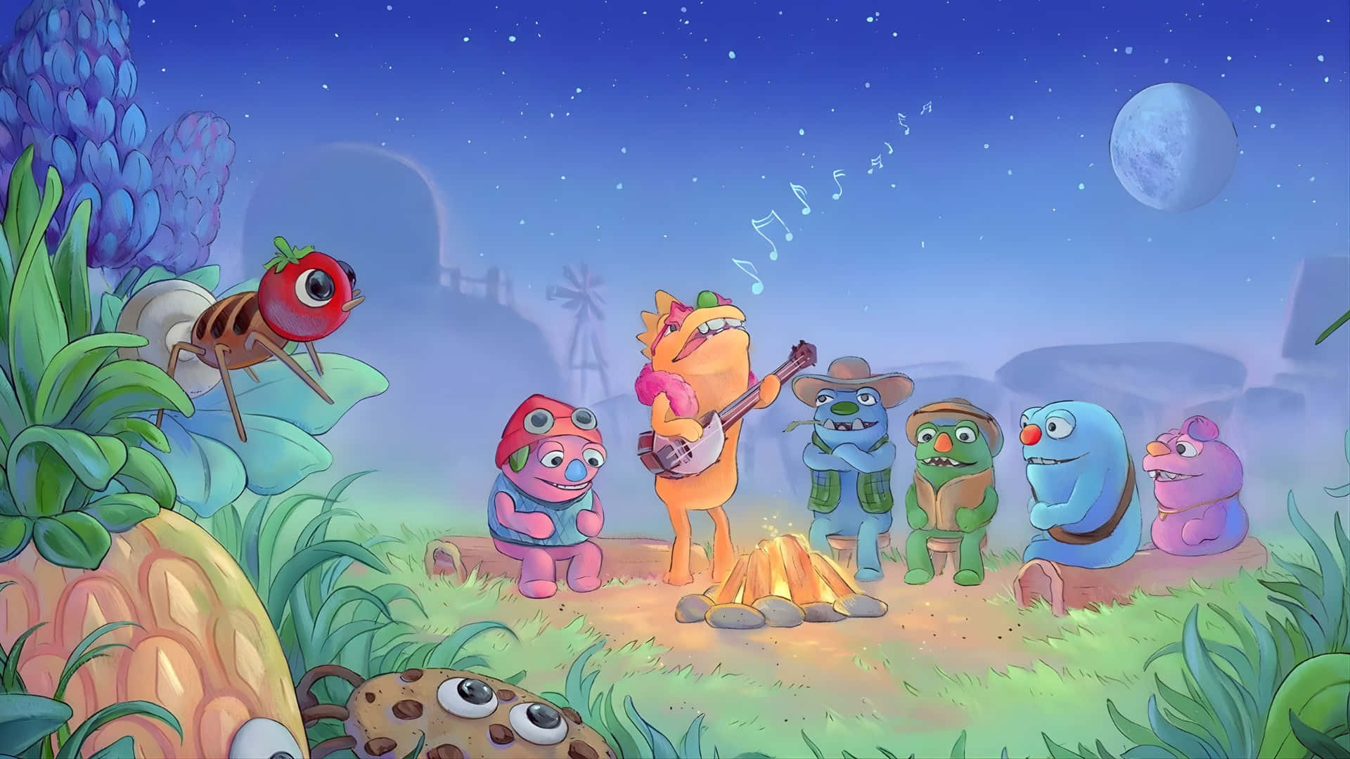 Bugsnax, campfire, starry night sky, Full HD Desktop Wallpaper