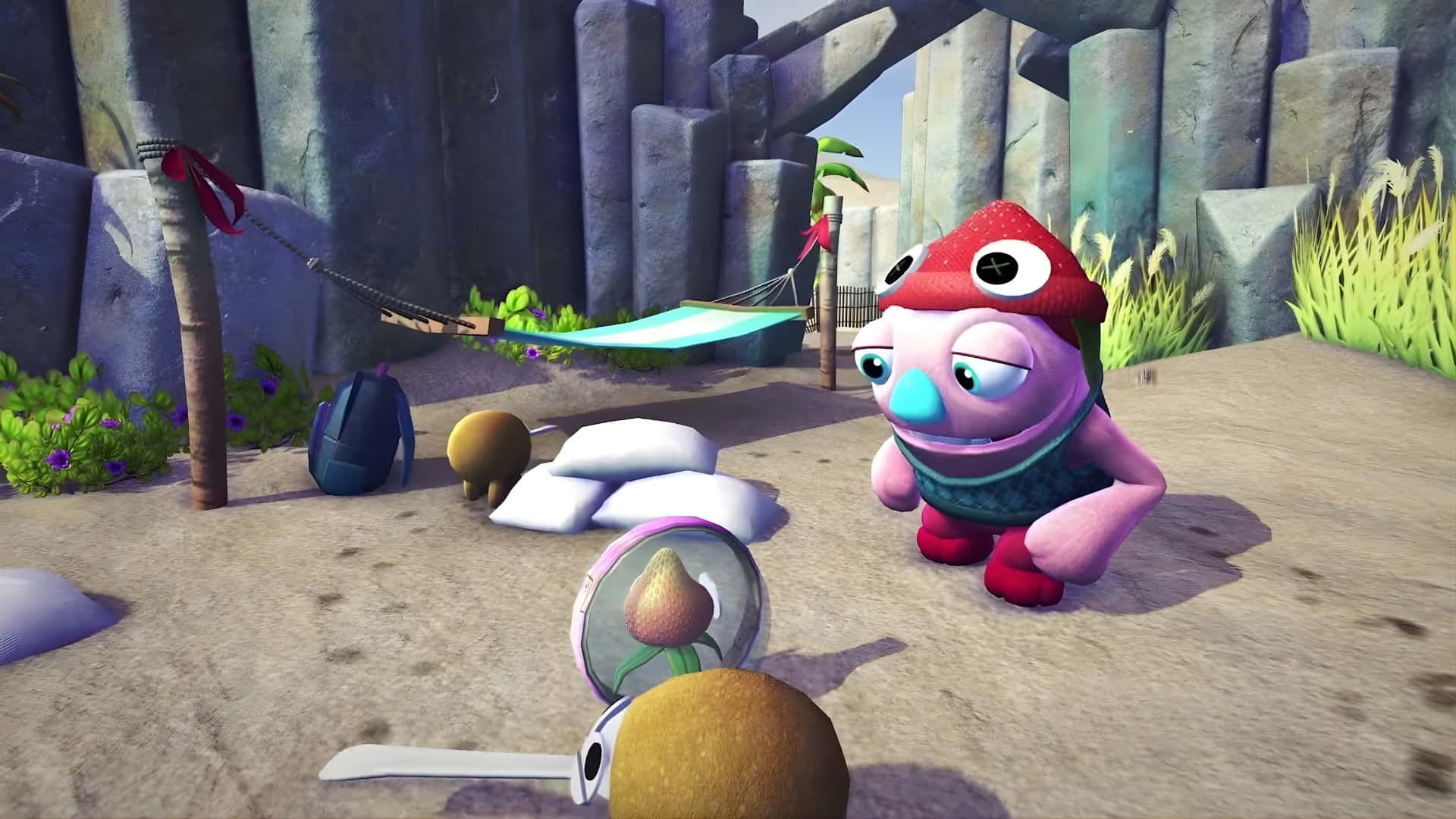 Bugsnax, pink cartoon creature, red hat, Full HD Desktop Wallpaper