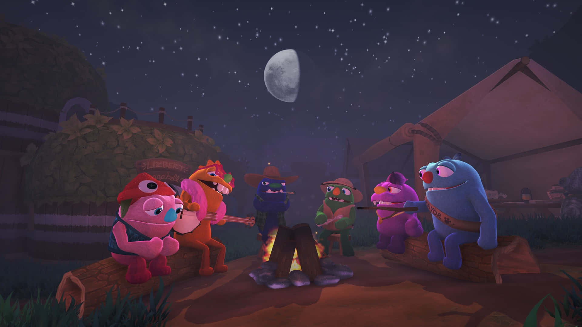 Bugsnax, campfire, starry night sky, Full HD Desktop Wallpaper