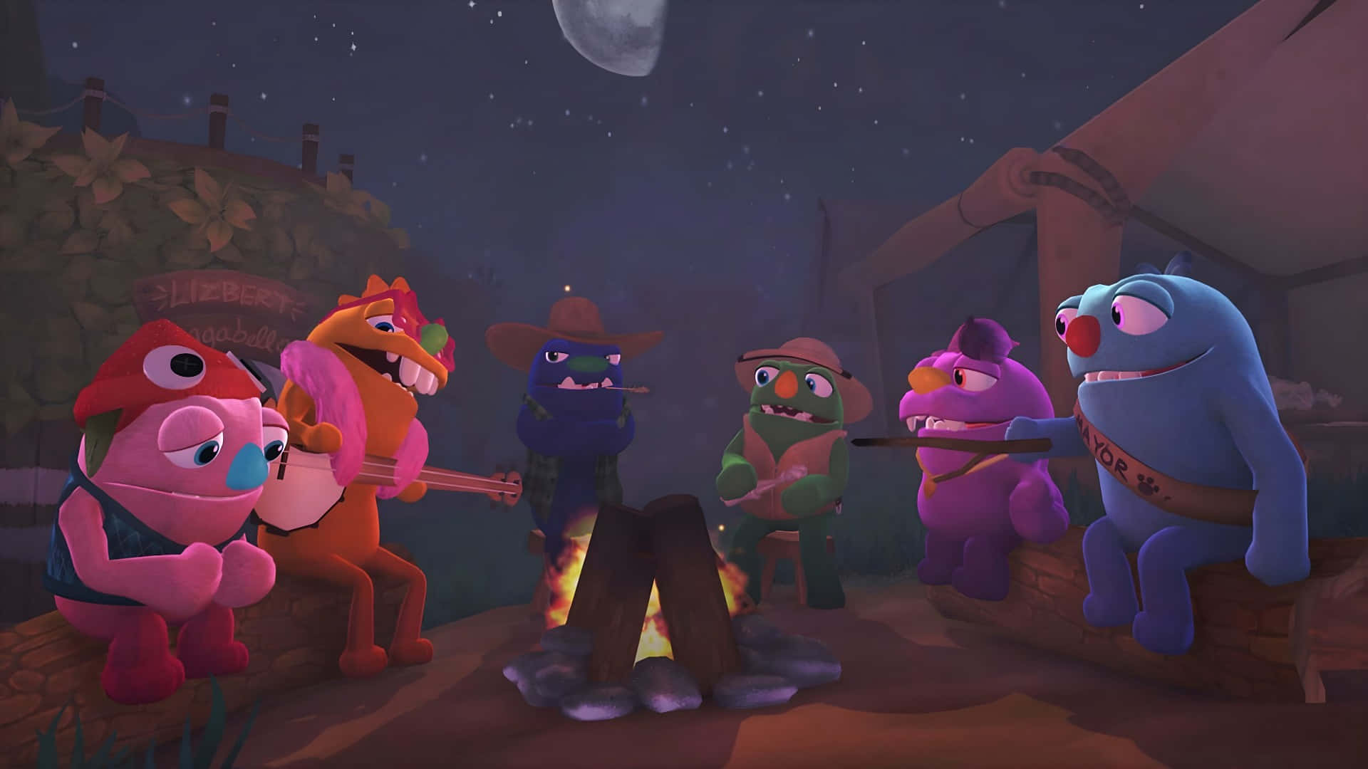 Bugsnax, campfire, starry night sky, Full HD Desktop Wallpaper