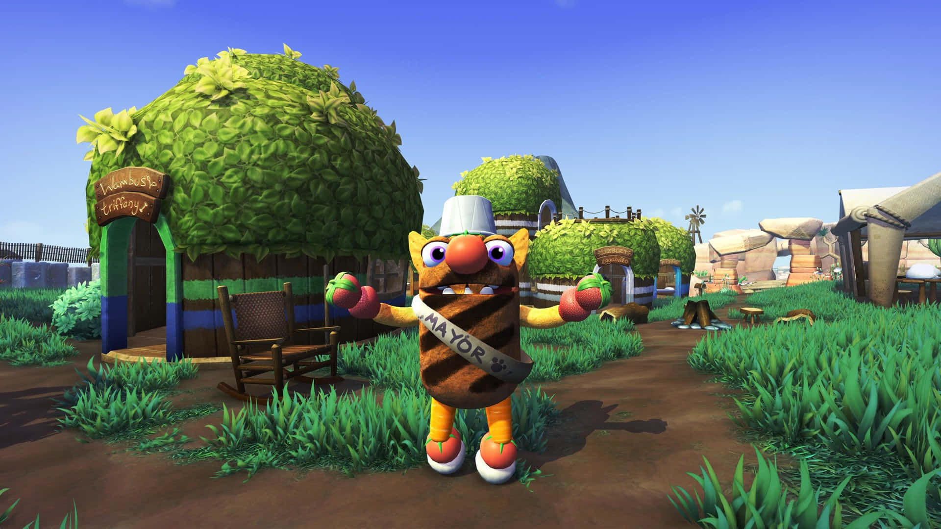 Bugsnax, village, striped mayor mascot, Full HD Desktop Wallpaper