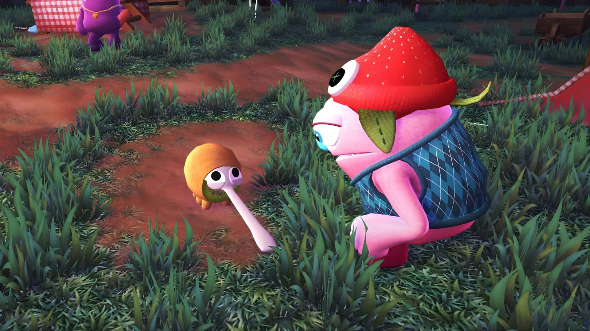 Bugsnax, pink cartoon creature, strawberry hat, Full HD Desktop Wallpaper