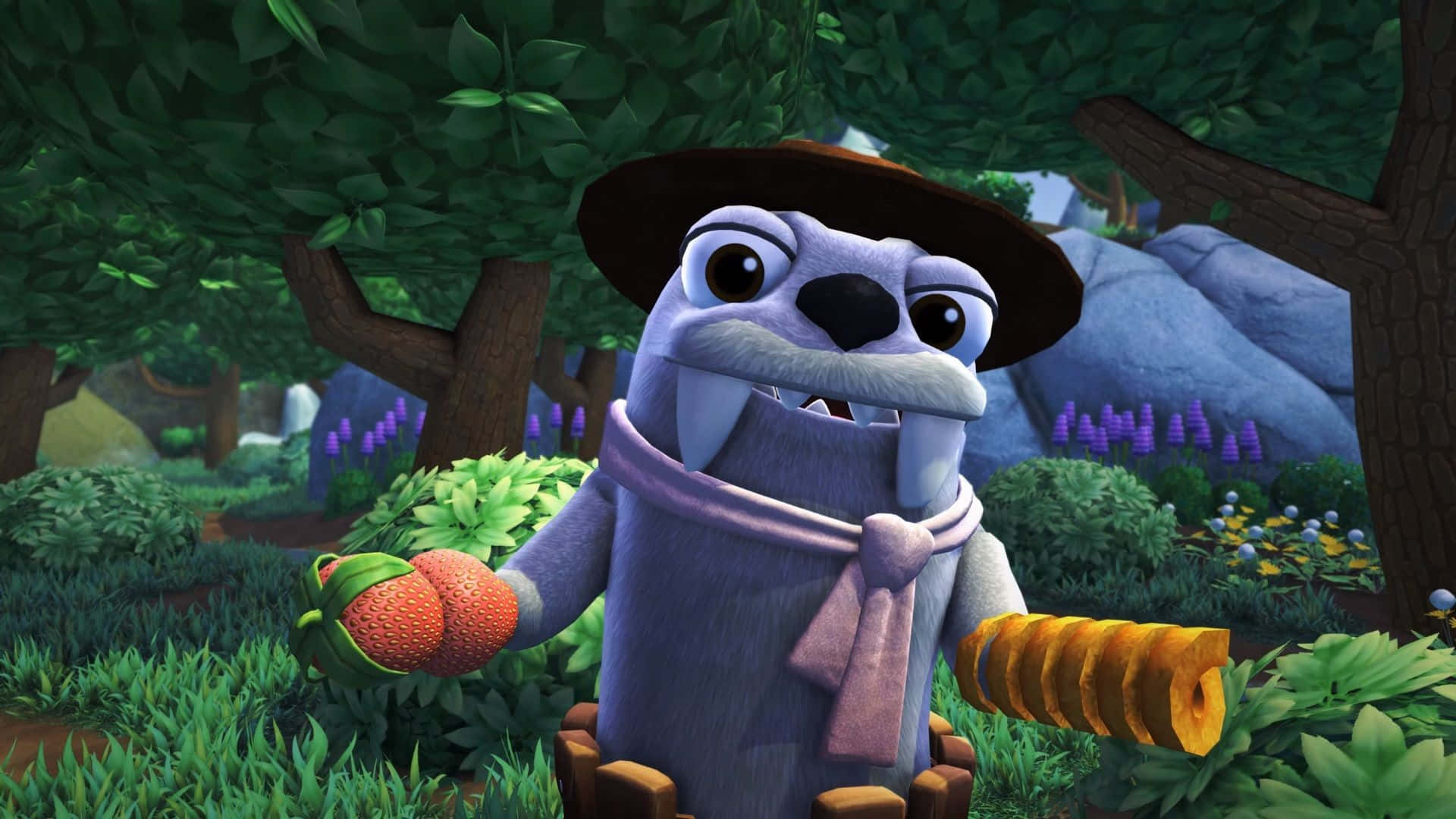 Bugsnax, purple animated walrus, brown hat, Full HD Desktop Wallpaper