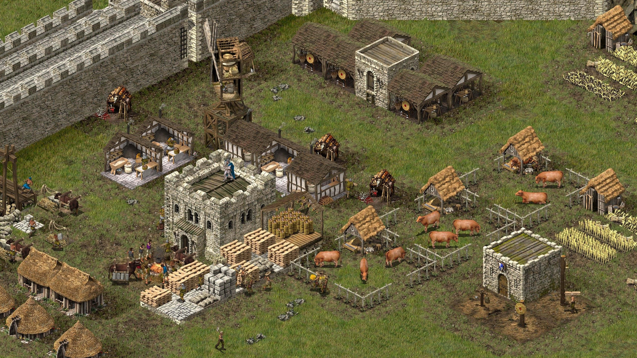 medieval r t s base construction, stone walls, wooden huts, 2K Desktop Wallpaper