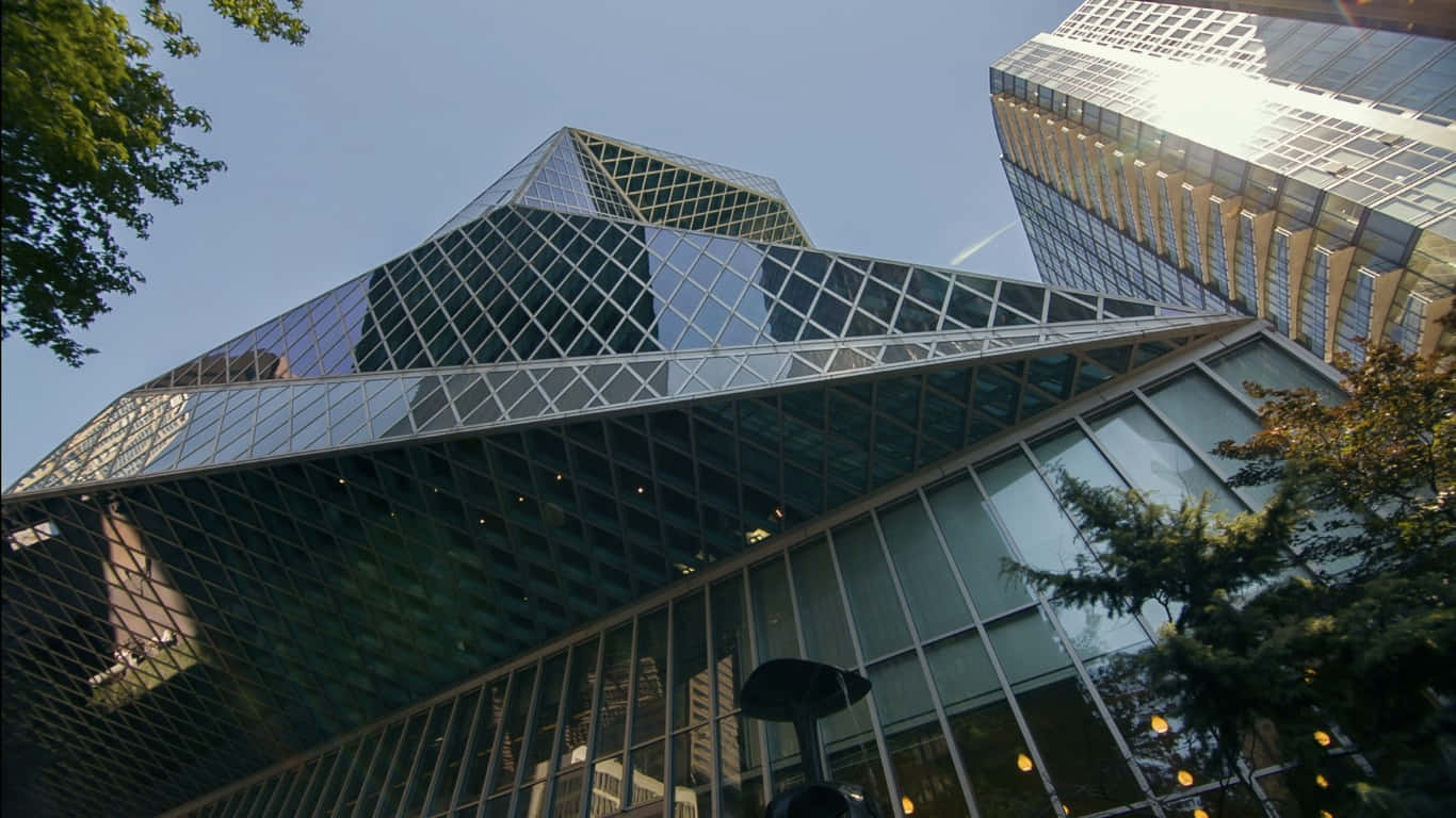 retroactive library, futuristic glass skyscraper, geometric patterns, HD Desktop Wallpaper