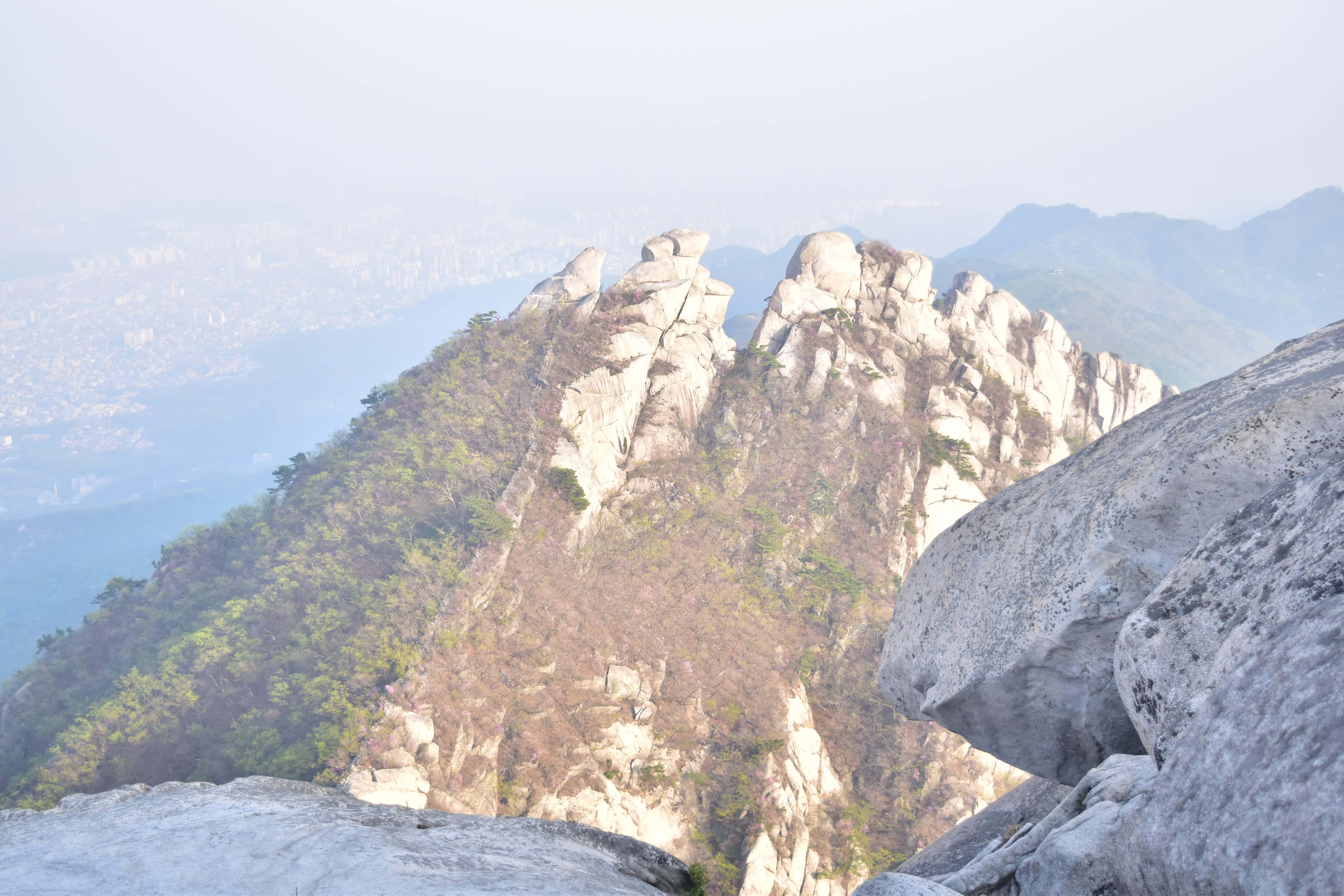 Bukhansan National Park, rugged rocky mountain peak, sparse trees, 5K Desktop Wallpaper