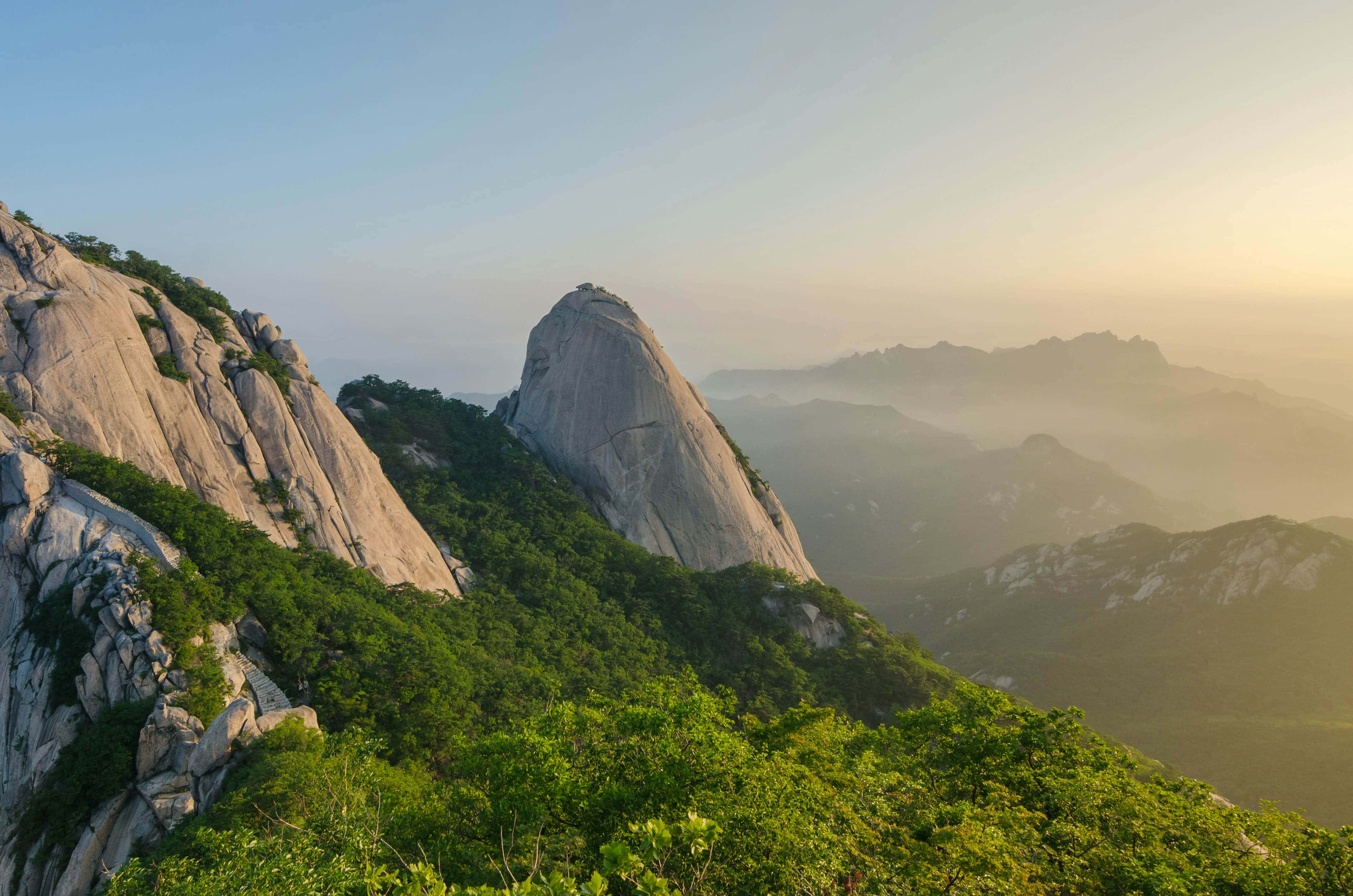 Bukhansan National Park, sunrise, towering granite peak, 2K Desktop Wallpaper