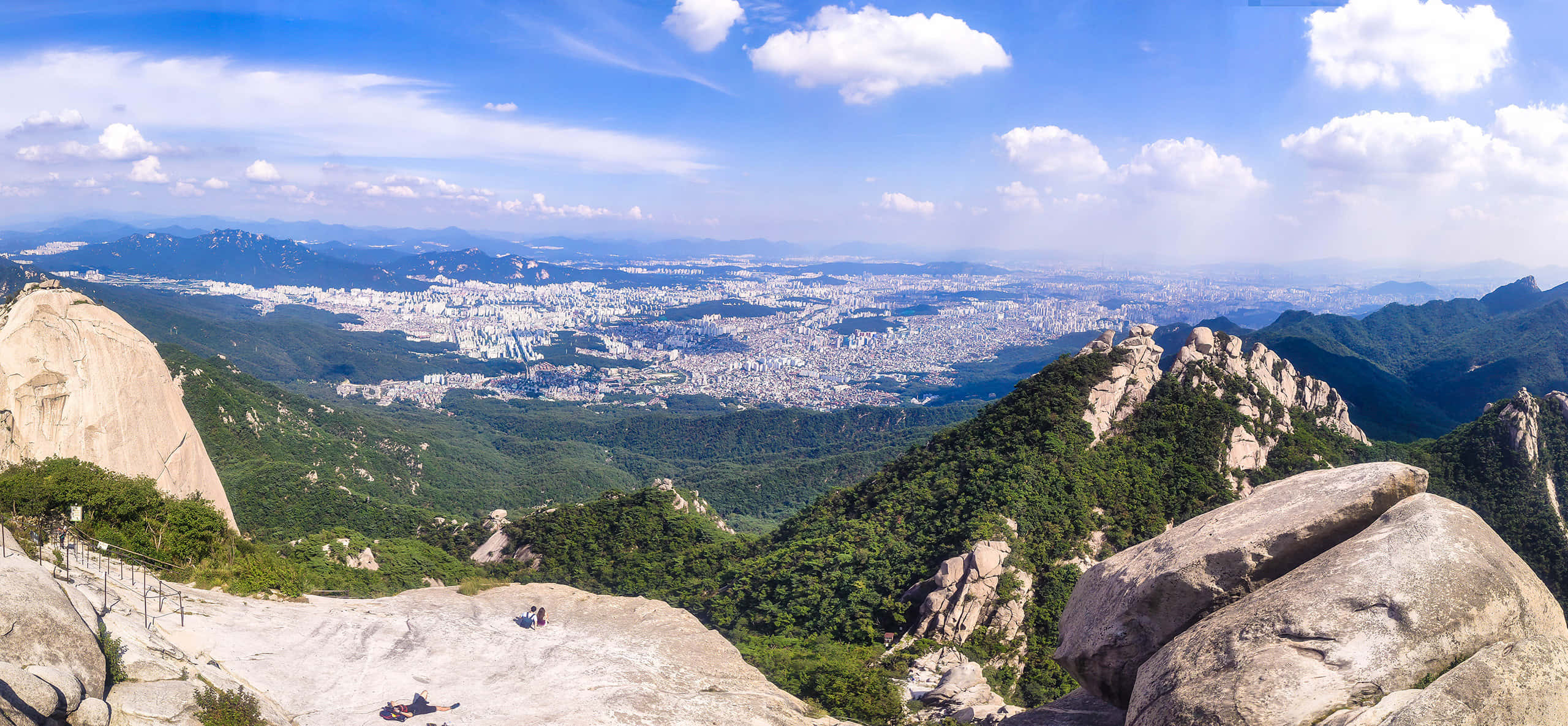 Bukhansan National Park, rocky mountain peak, sprawling city, 2K Desktop Wallpaper