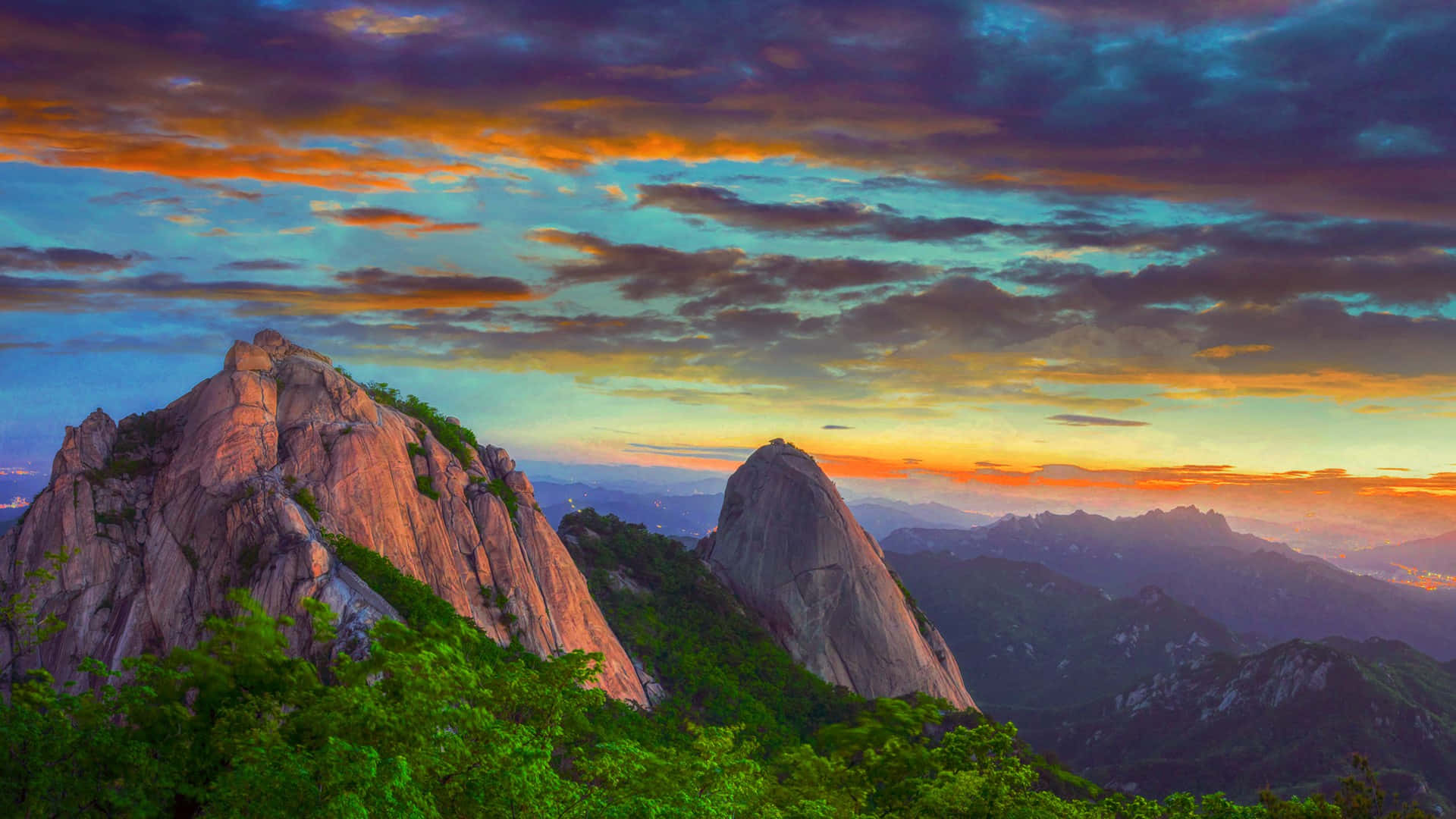 Bukhansan National Park, sunset, jagged mountain peaks, Full HD Desktop Wallpaper