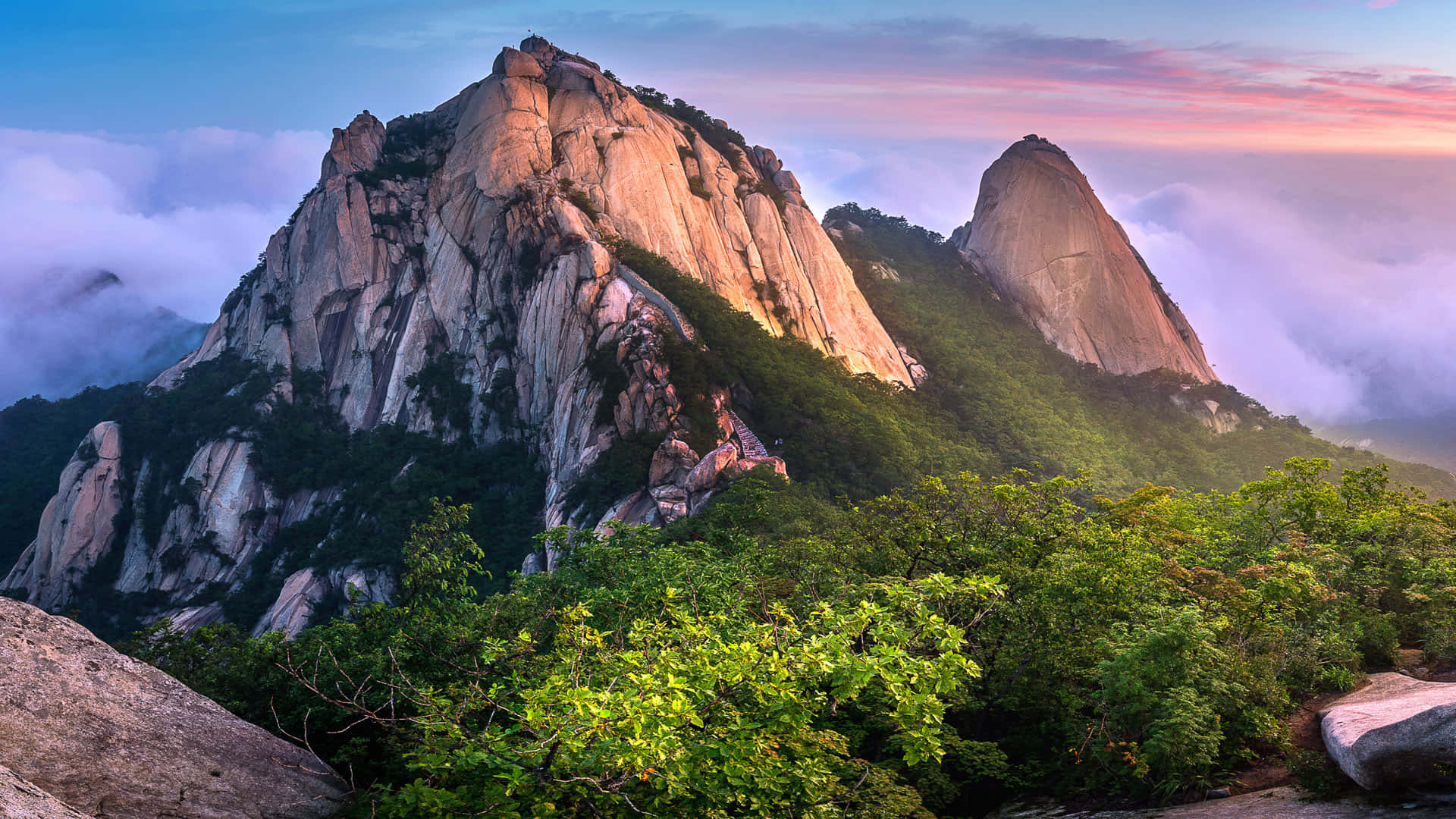 Bukhansan National Park, sunrise, jagged granite peaks, Full HD Desktop Wallpaper