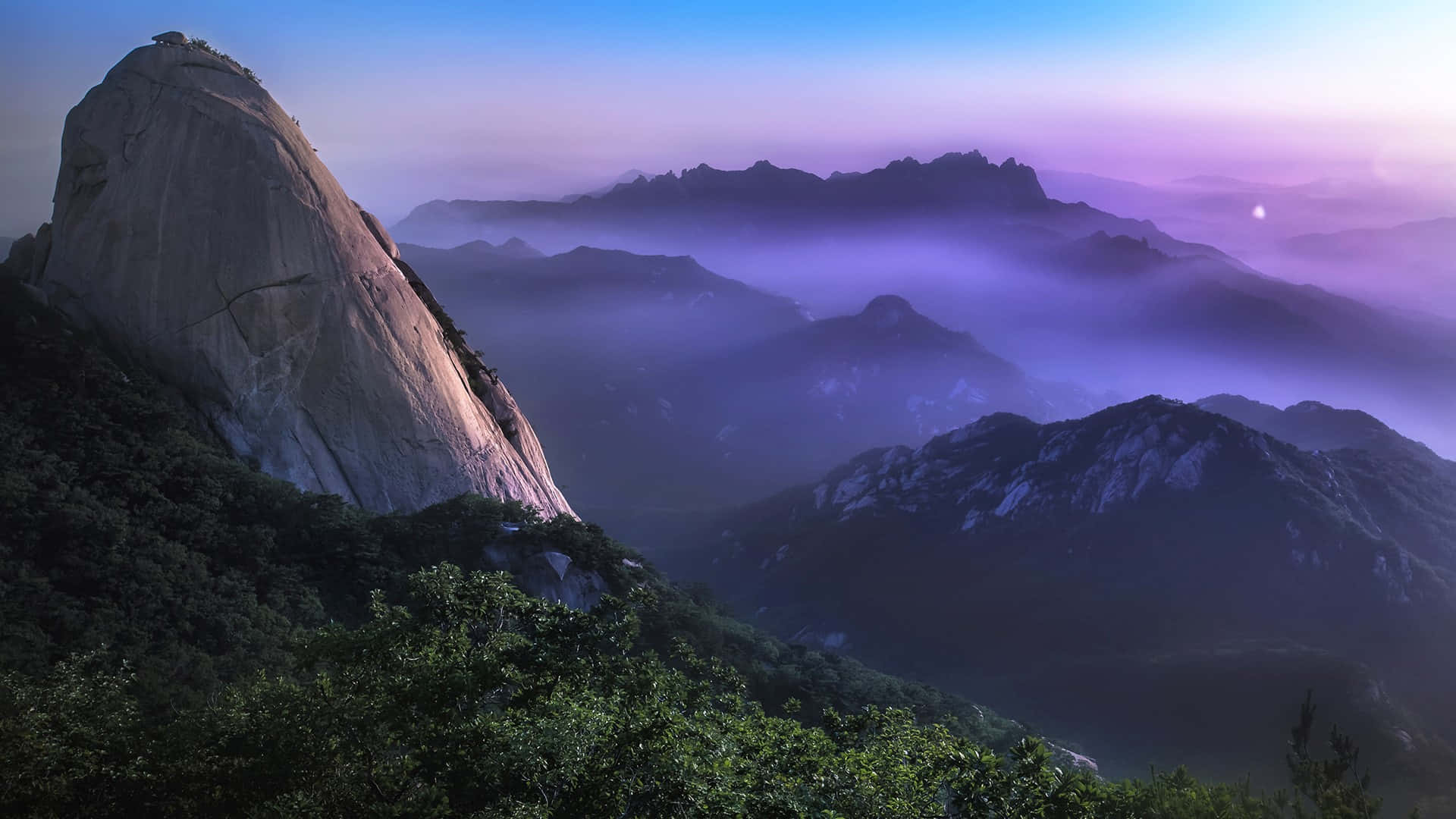 Bukhansan National Park, misty sunrise, rocky mountain peak, Full HD Desktop Wallpaper