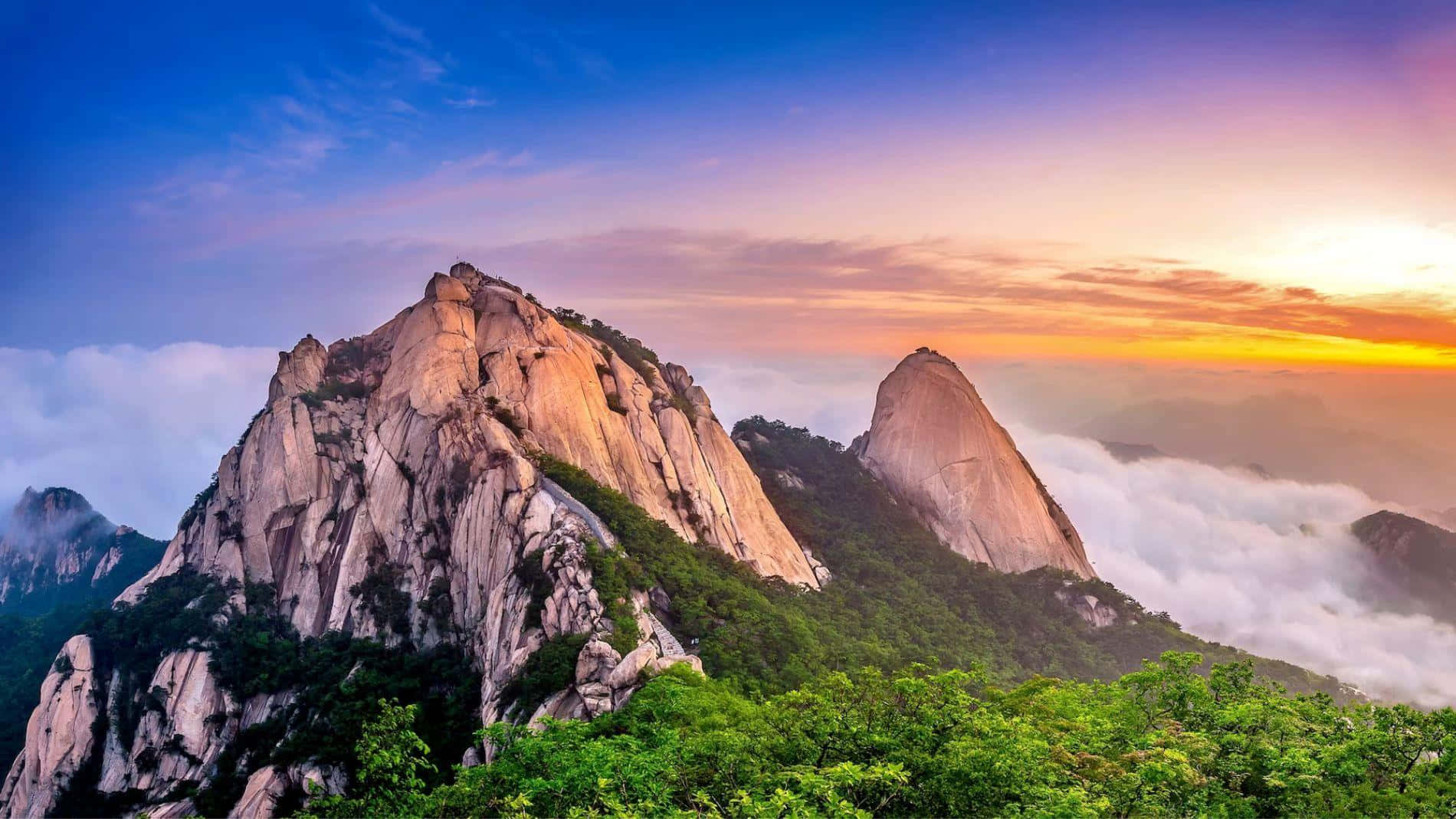 Bukhansan National Park, sunset, jagged granite peaks, HD Desktop Wallpaper