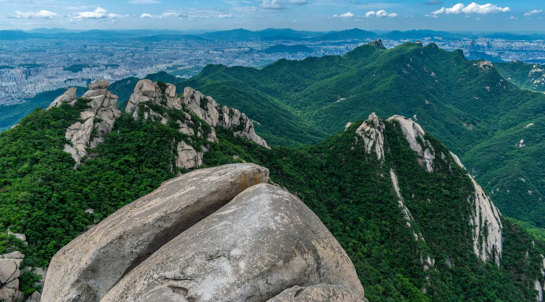 Bukhansan National Park, rocky mountain peak, green valley, HD Desktop Wallpaper