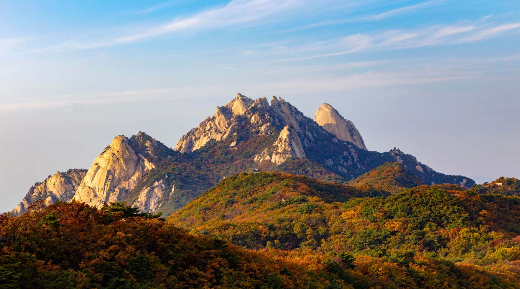 Bukhansan National Park, autumn colors, rugged mountain peaks, HD Desktop Wallpaper