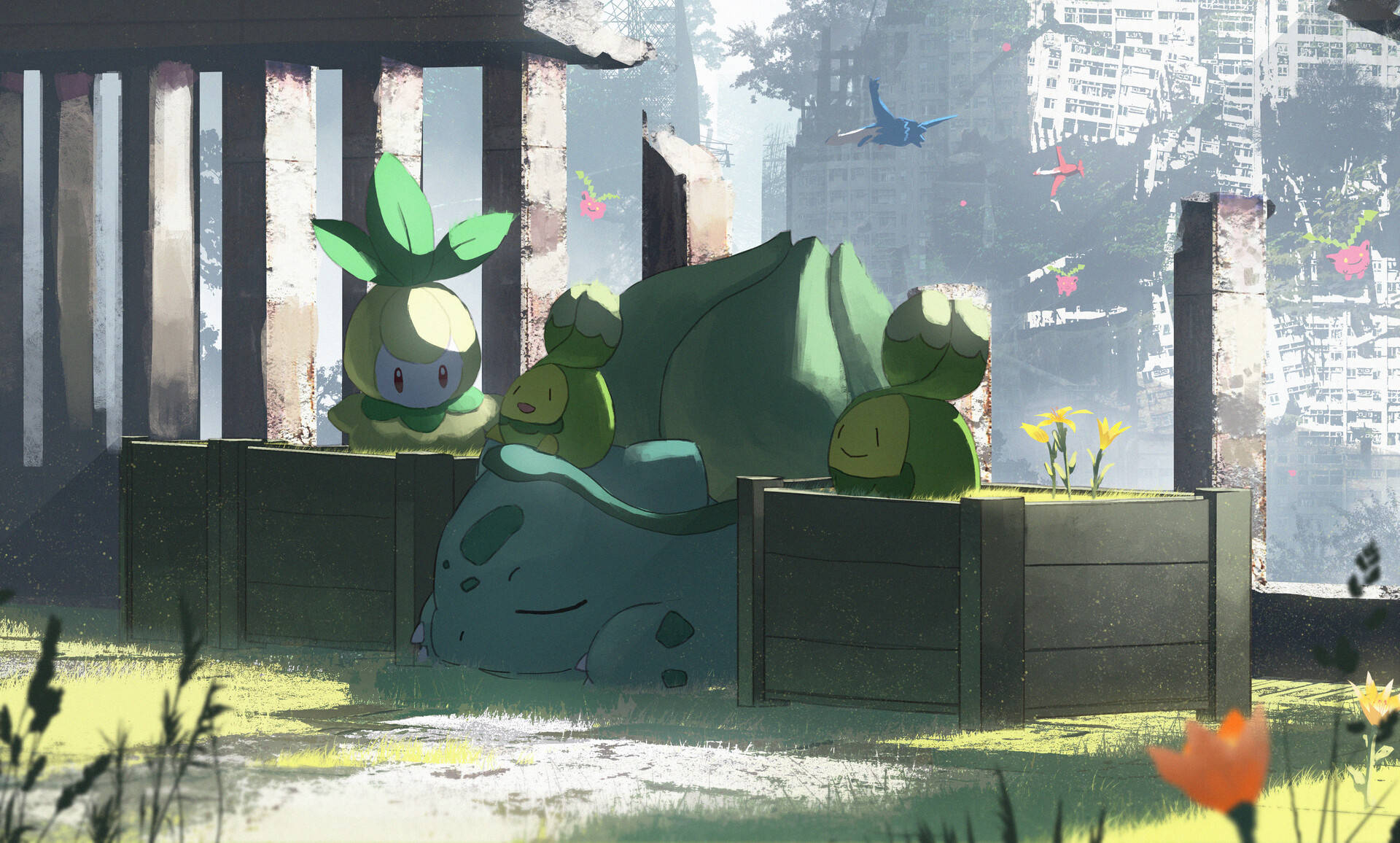 Bulbasaur, anime scene, sunlit garden, Full HD Desktop Wallpaper