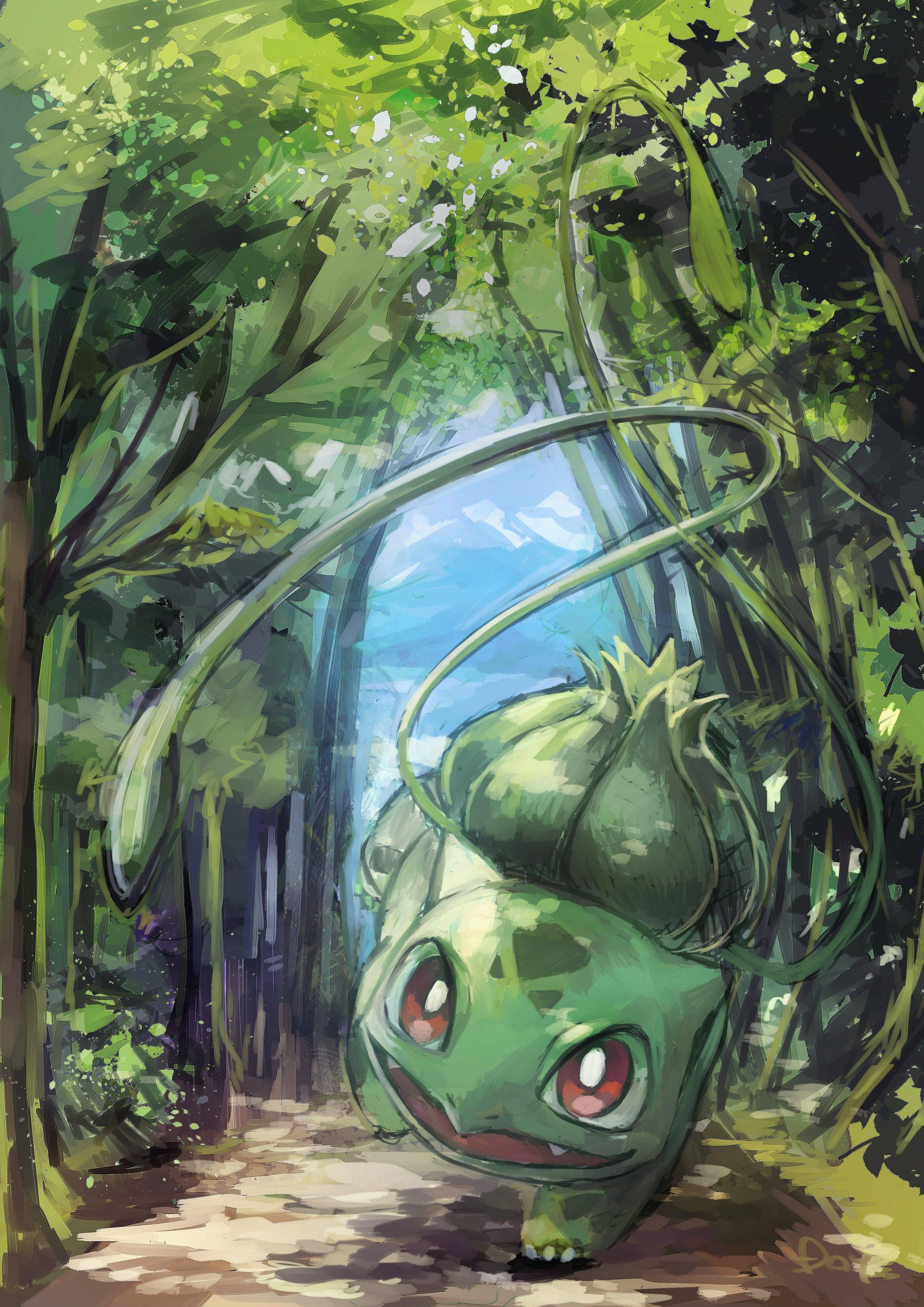 Bulbasaur, green, sunlit forest path, 4K Phone Wallpaper