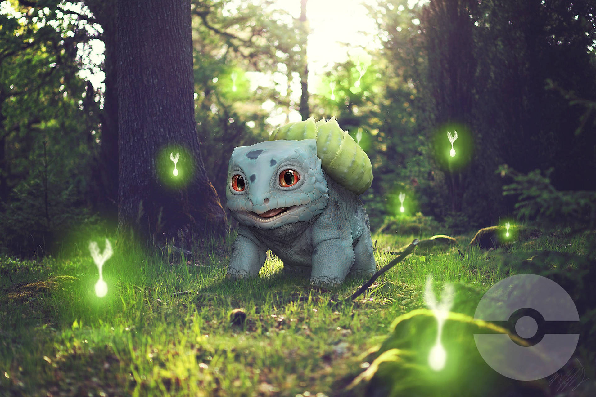 Bulbasaur, forest, sunlit, Full HD Desktop Wallpaper