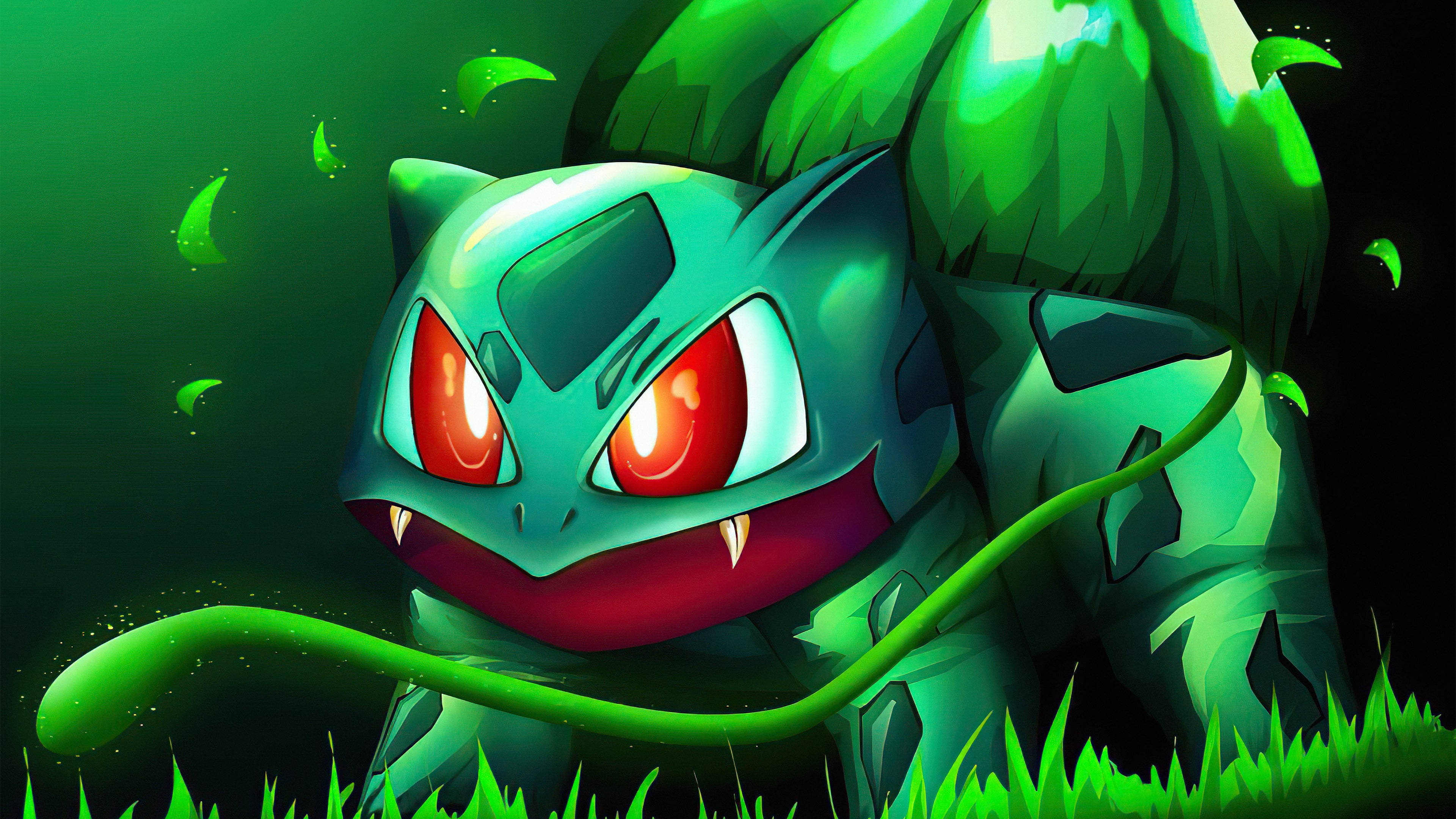 Bulbasaur, glowing red eyes, vibrant green foliage, 4K Desktop Wallpaper