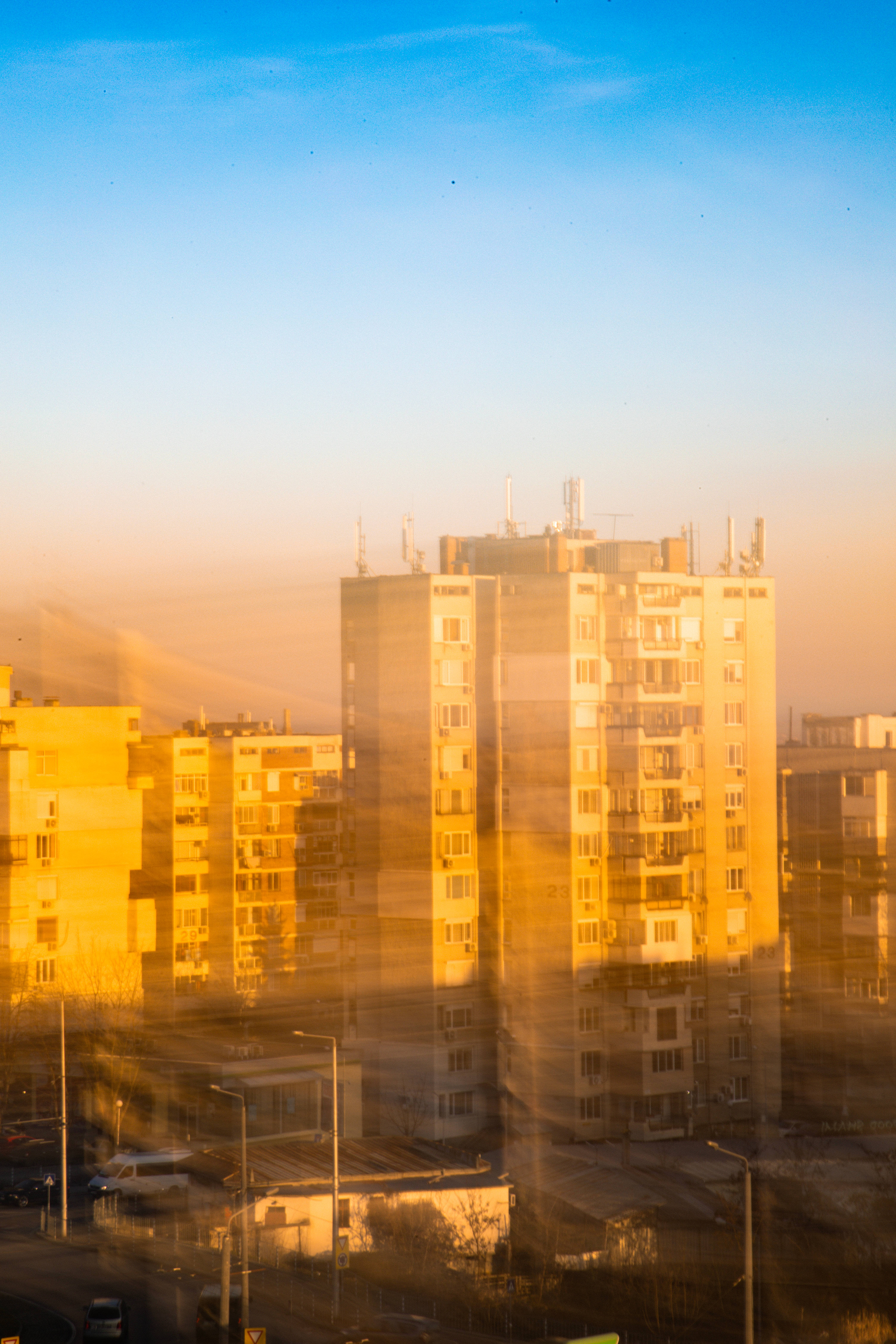 Bulgaria, urban apartment buildings, golden sunset, 5K Phone Wallpaper