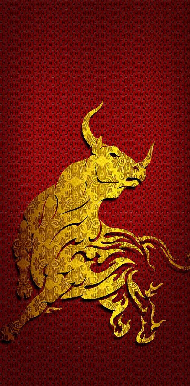 golden ornate bull, flowing patterns, deep red textured background, HD Phone Wallpaper
