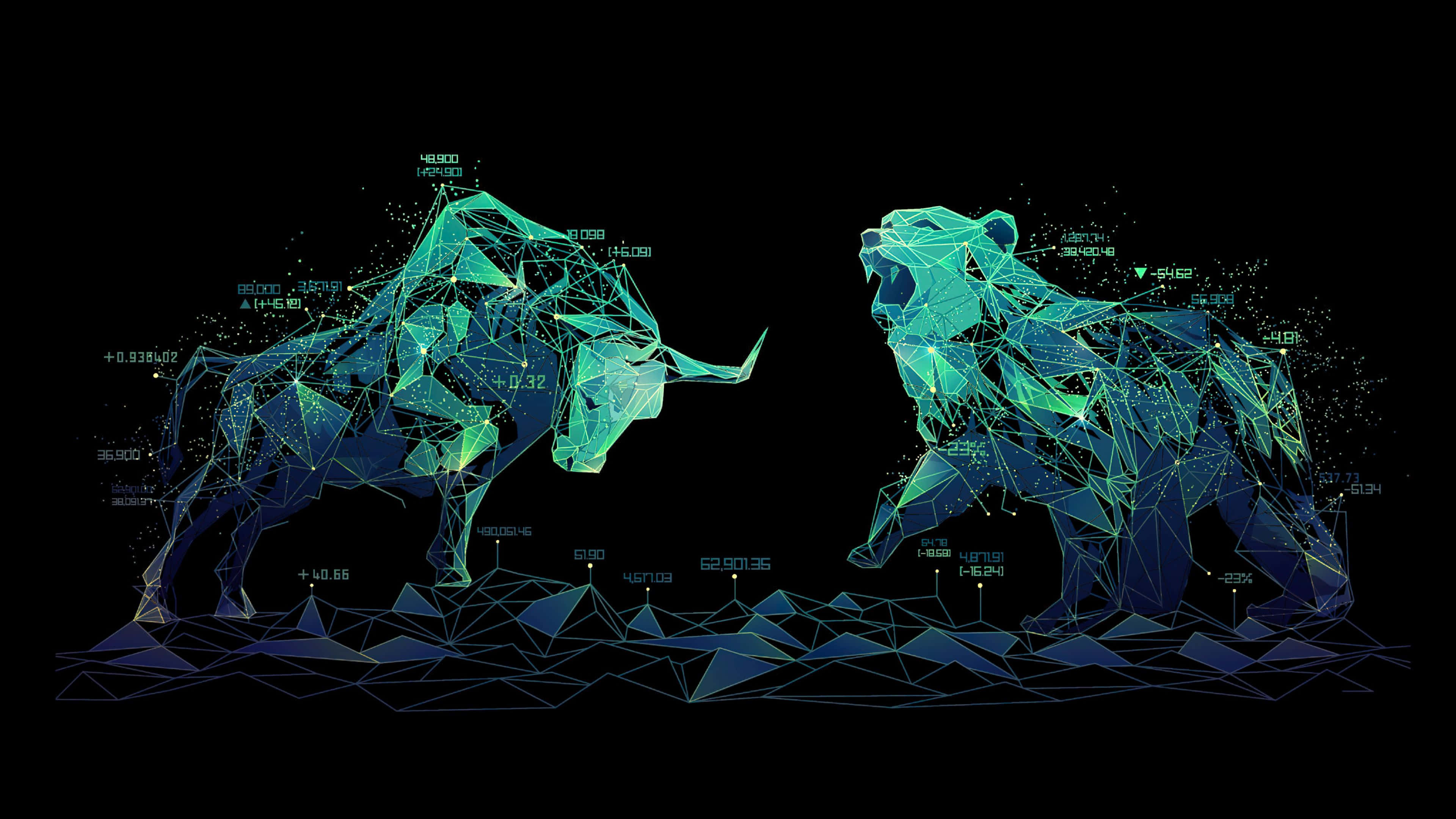 Bull Versus Bear Stock Market Concept, glowing polygonal bull, glowing polygonal bear, 4K Desktop Wallpaper