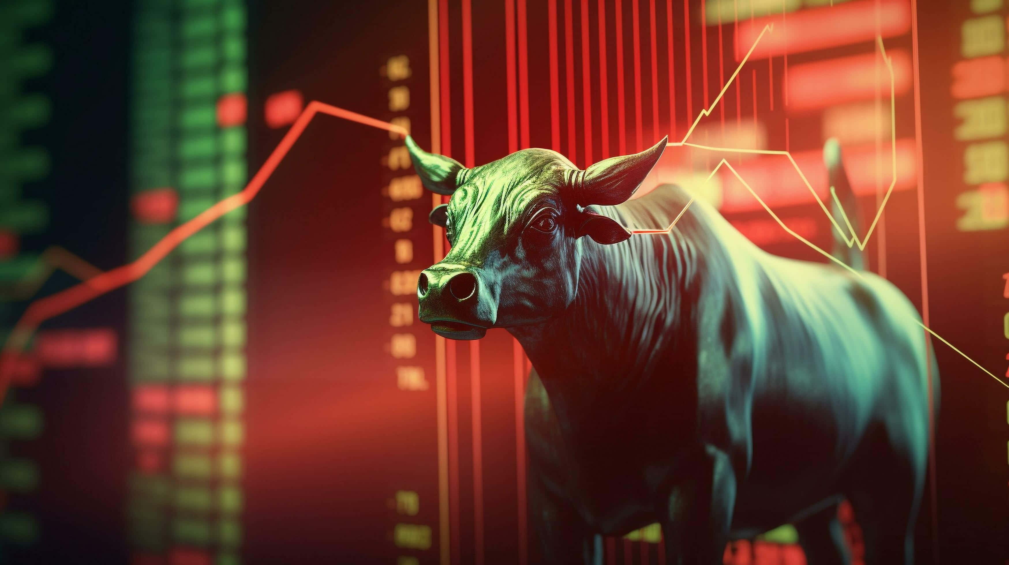 Bull Market, metallic bull statue, glowing red and green financial charts, 2K Desktop Wallpaper