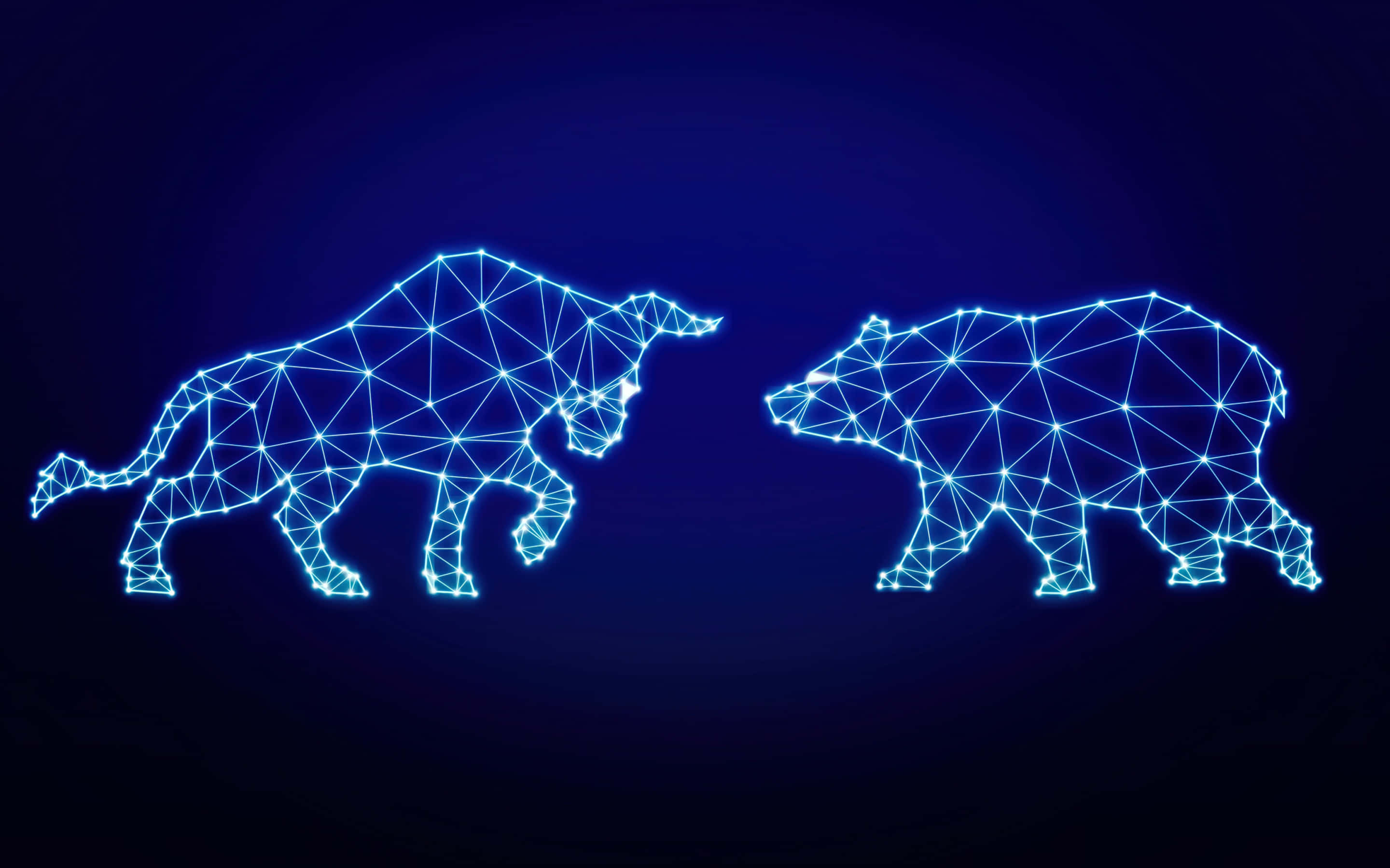 Bulland Bear Market Representation, glowing blue polygonal bull, glowing blue polygonal bear, 2K Desktop Wallpaper